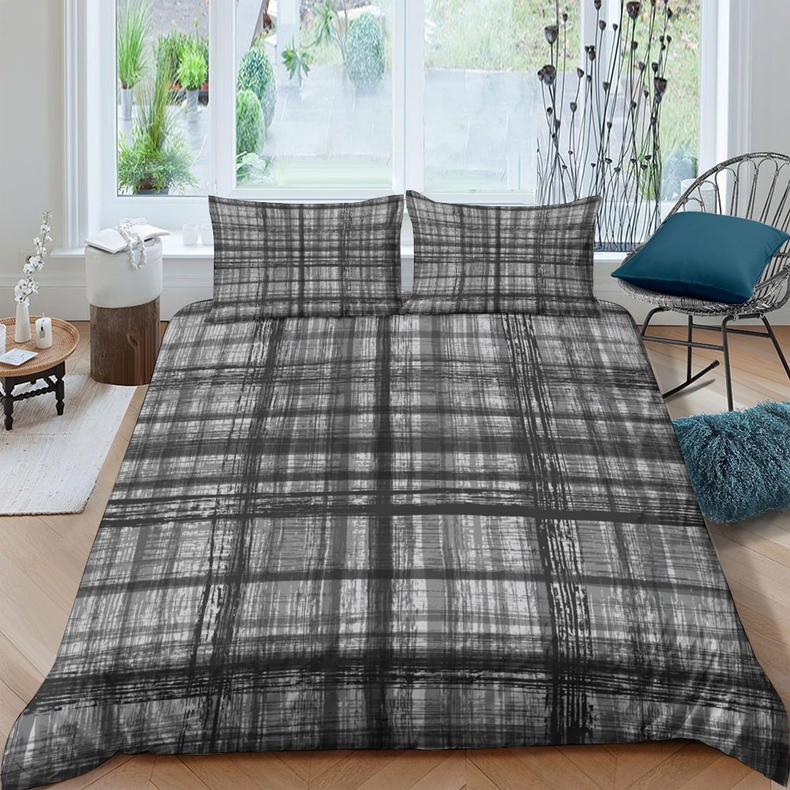 GPLZQXKJNH 3D Printed Grey Plaid Duvet Cover Set Microfiber Soft Breathable Checked Bedding Set with 2 Pillowcases for Bedroom Home Single（135x200cm）