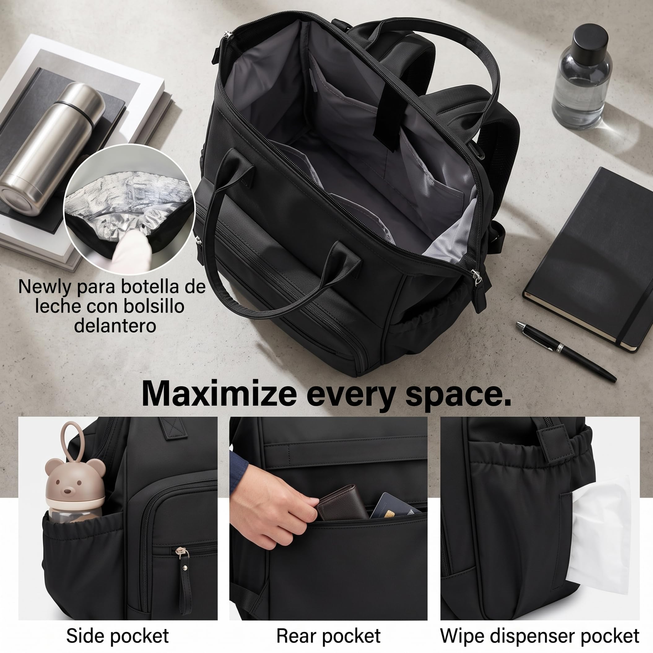 Borsa tote per pannolini, zaino impermeabile di capacità, nero