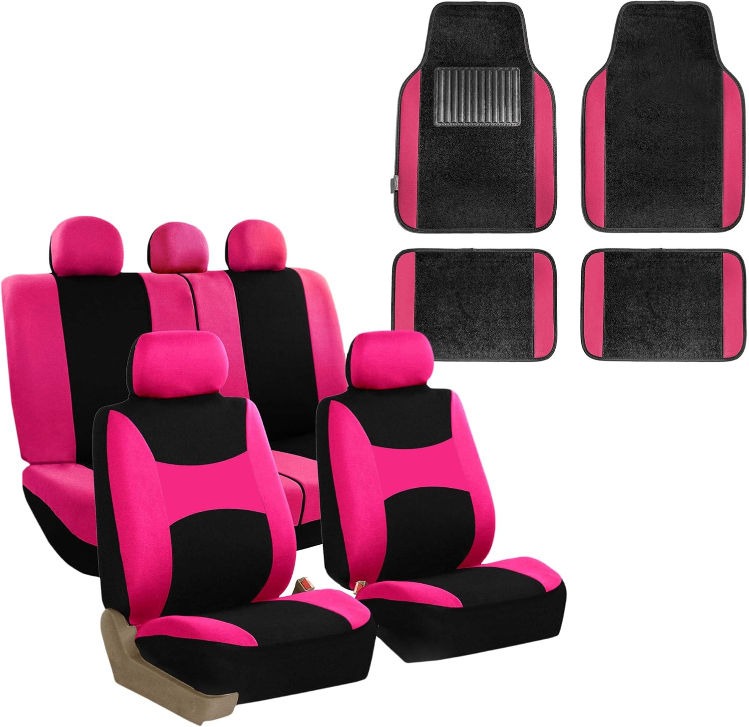 FH Group Light & Breezy Cloth Seat Full Car Seat Covers (Airbag & Split Ready) with Carpet Floor Mats- Universal Car, Truck, SUV, or Van (Pink/Black) FB030115