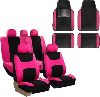 FH Group Light & Breezy Cloth Seat Full Car Seat Covers (Airbag & Split Ready) with Carpet Floor Mats- Universal Car, Truck, SUV, or Van (Pink/Black) FB030115
