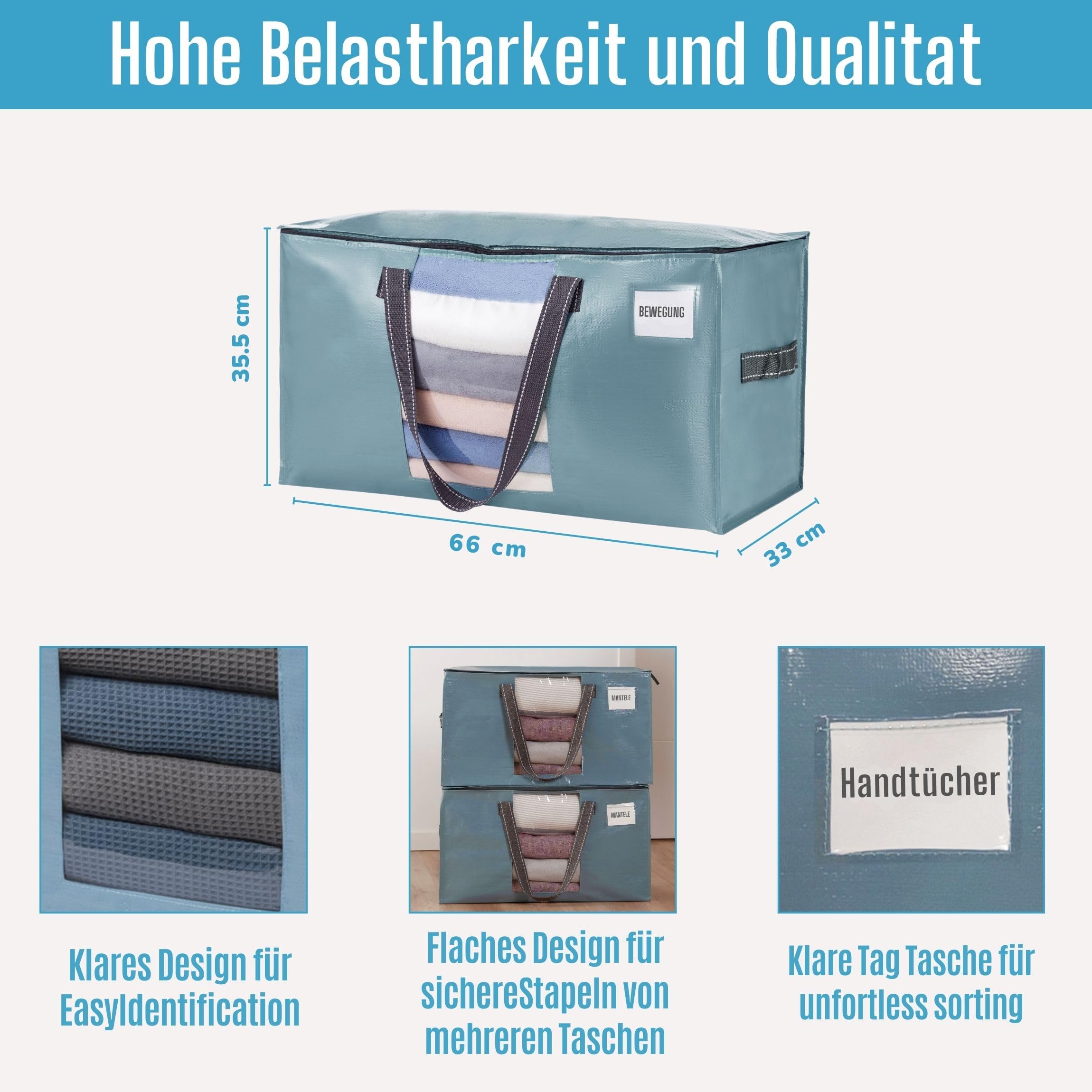 VENO 4er-Pack Umzugstaschen XXL(87 Liter) mit Sichtfenster, Faltbare Aufbewahrungstasche, Starke Griffe & Reißverschluss, Alternative zu Umzugskartons für Kleidung,Hellblau