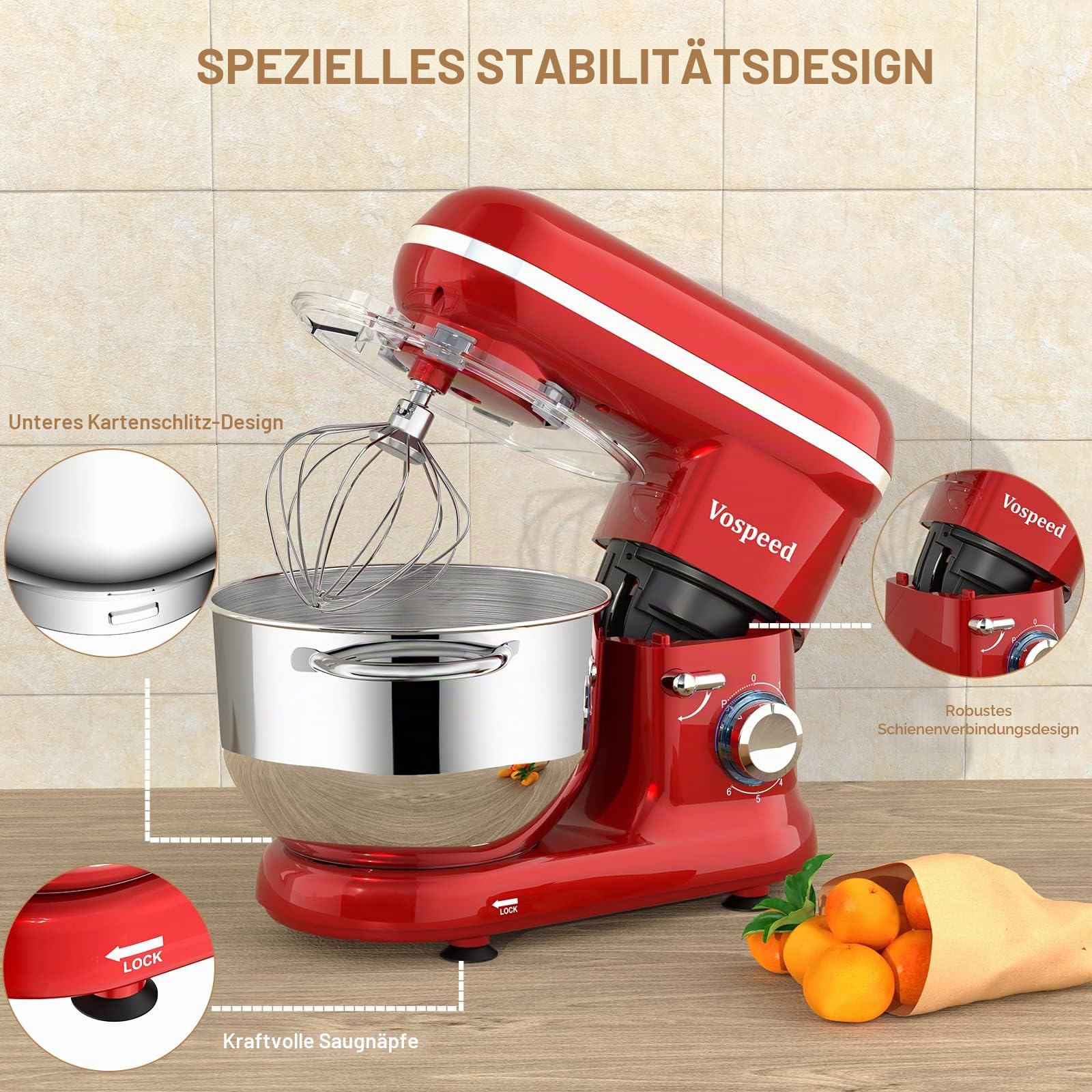 Küchenmaschine Knetmaschine zum Backen, Vospeed 6 Geschwindigkeit Elektrischer Küchenmixer mit 6.2QT Schüssel, Rührbesen, Haken, Schneebesen, Eiertrenner (Rot)