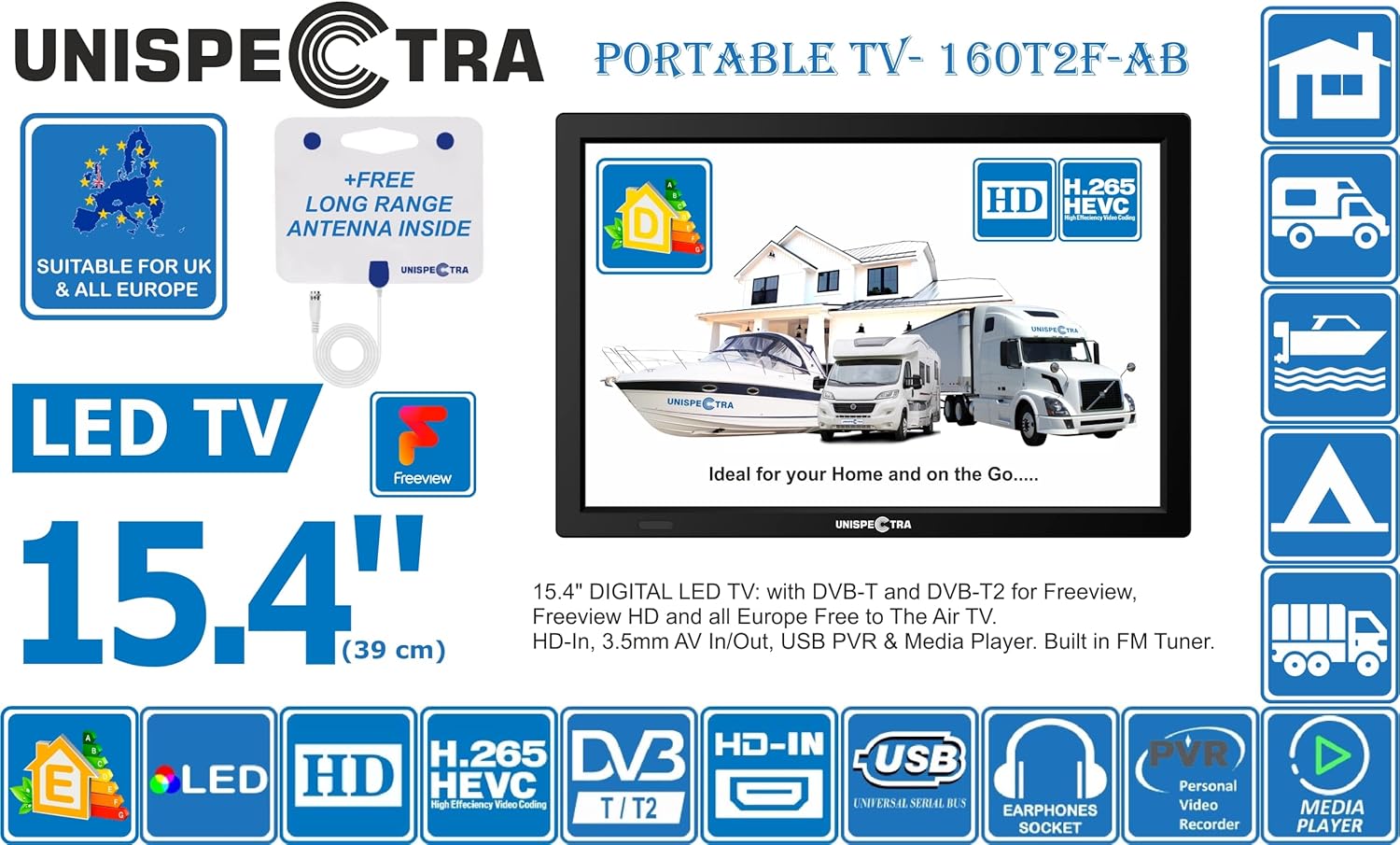 Unispectra 16" TV 12V - 240V HD LED Digital DVB-T/T2 (Freeview) TV, FM Tuner, USB PVR & Media Player, HDMI, 3.5mm AV In/Out. Ideal for Home, MotorHome, Boat, Caravan, Camping or Truck 11 81IcugDXUhL. AC SL1500