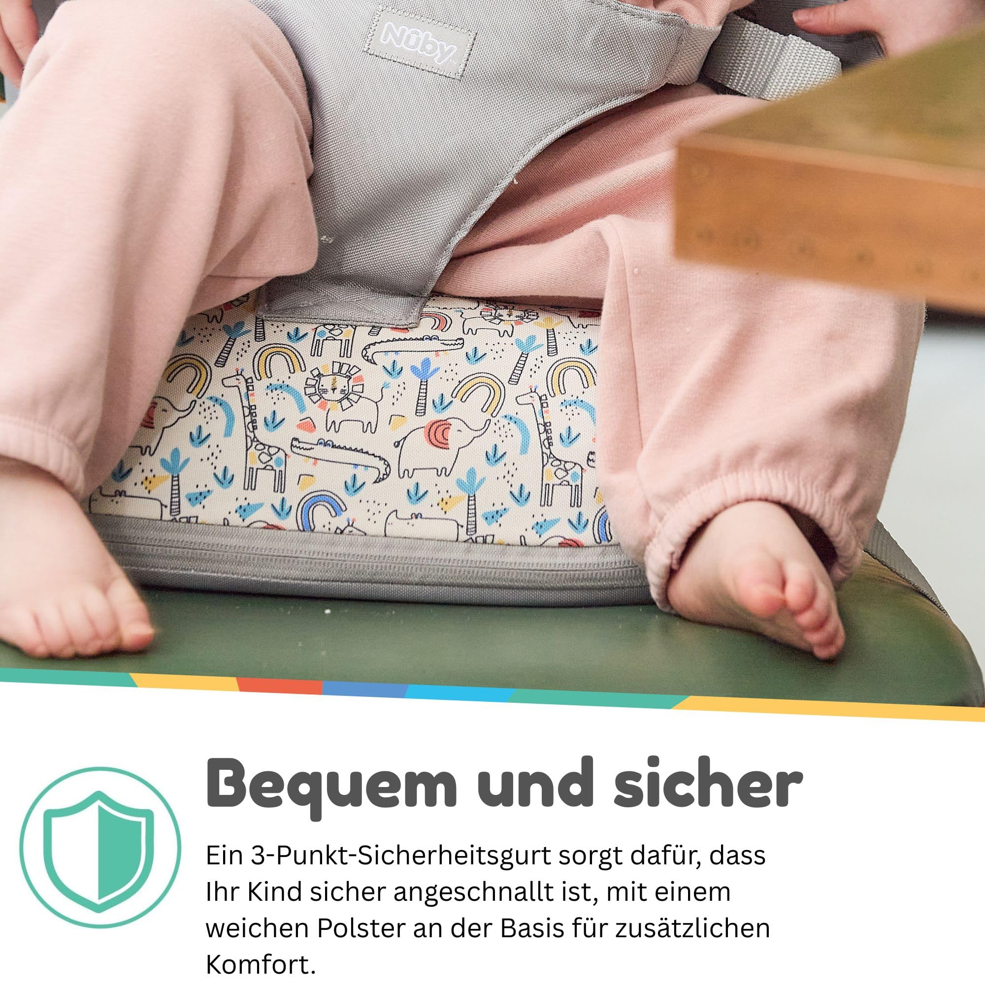 Nuby Tragbare Sitzerhöhung für Babys/Kinder | Zusammenfaltbar zur Kompakten Tasche mit Aufbewahrungsfach | Wasserdicht | Abnehmbarer Bezug | Ideal für Mahlzeiten zu Hause und Unterwegs | Ab 6 Monaten