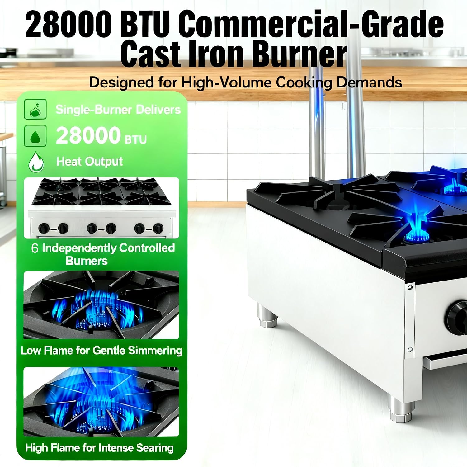 Commercial Gas Stove with 6 Burners, Freestanding Propane and Countertop Natural Gas Range Stove, Stainless Steel Hot Plate, Commercial Cooking Equipment for Restaurant Kitchen, 168,000 BTU