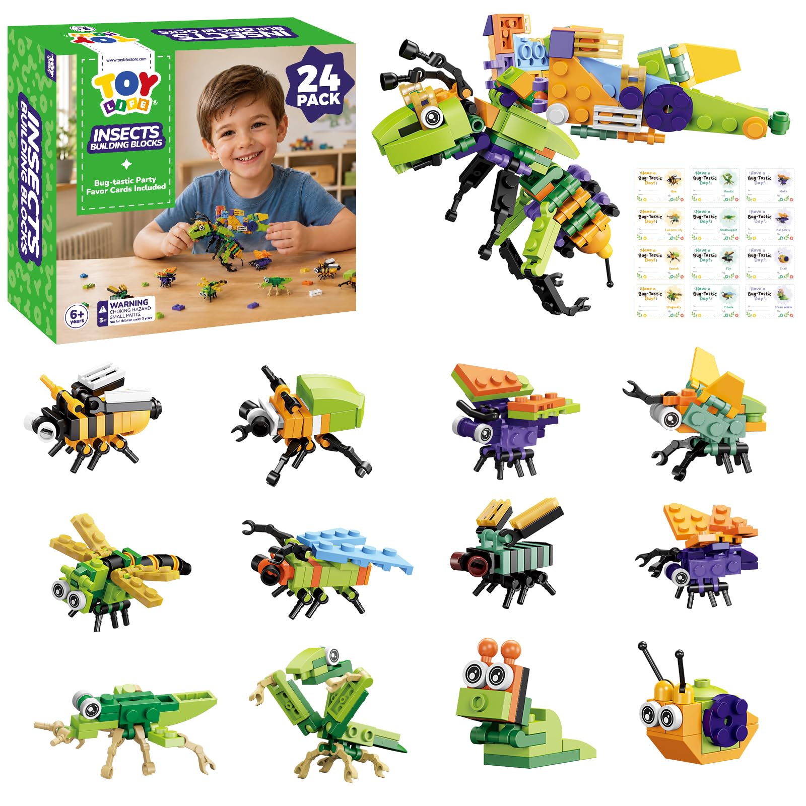 TOY Life 24-Pack Party Favors for Kids 6+, 12-in-1 Mini Bug Building Blocks