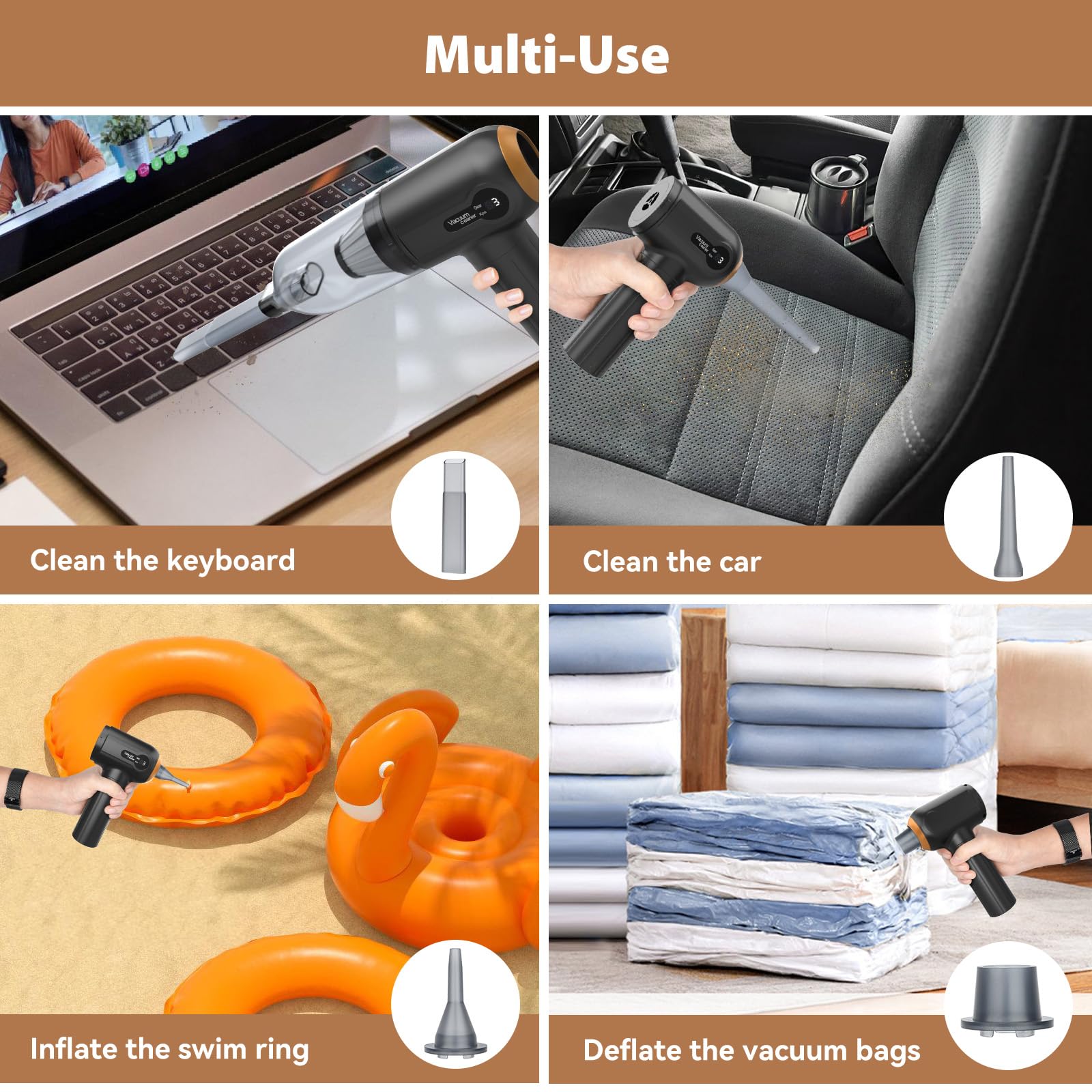 Tiazhan Aspirapolvere manuale, 15000 Pa, potente aspirapolvere a mano, 4 in 1, leggero soffiatore di polvere e aspirapolvere, display a LED, mini aspirapolvere ricaricabile USB, per auto (Nero)