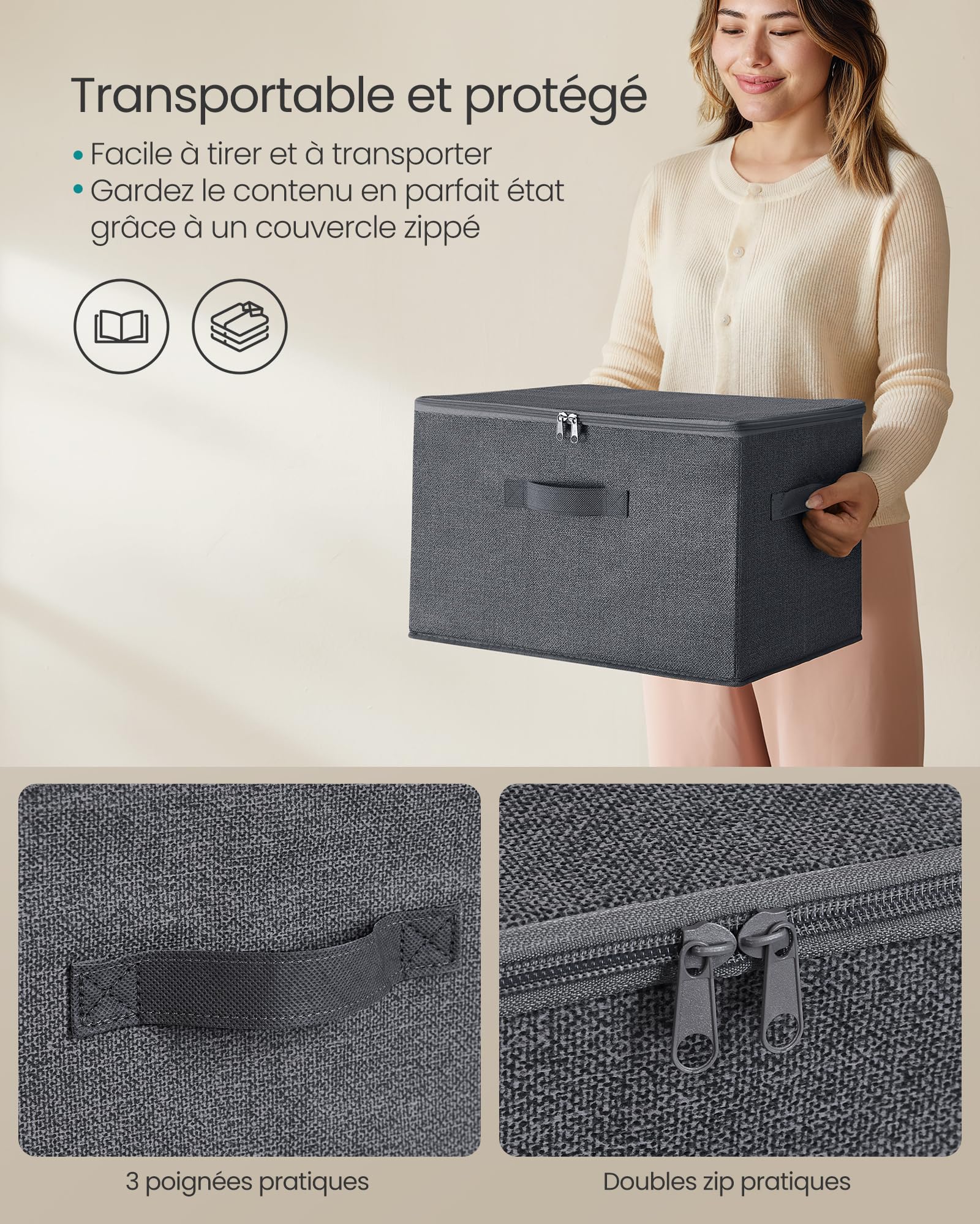 SONGMICS Boîte de Rangement, Pliable, avec Couvercle, Poignées, Coffre, Panier, pour Vêtements, Chaussres, en Tissu Non-tissé, Lot de 6, 40 x 30 x 25 cm, Gris Ardoise RZB003G02