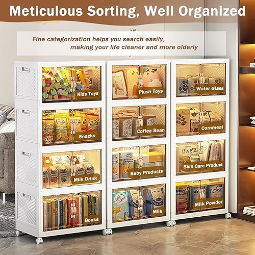 Miniatura 5 de Contenedores de almacenamiento de plástico, contenedores de almacenamiento plegables de 4 capas con tapa y ruedas, cajas de almacenamiento plegables