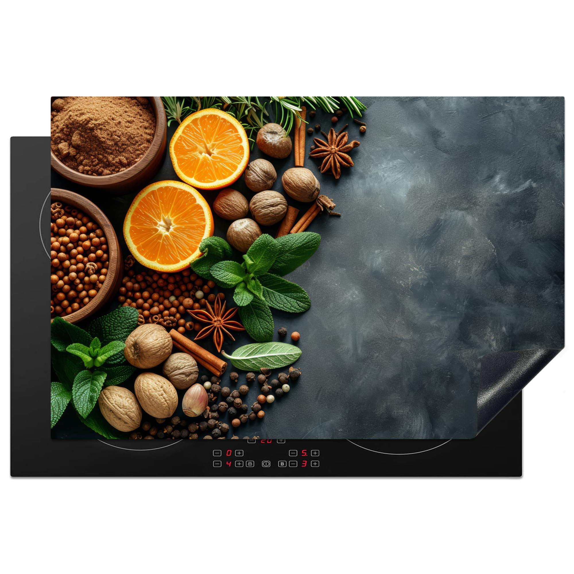 KitchenYeah© Induction Hob Protector Mat 20.5"x30.7" / 78x52 cm Stove Cap Top Cover Kitchen Cooker Covers for Electric Hobs Vinyl Herbs - Fruit - Concrete - Nuts - Orange — image 1