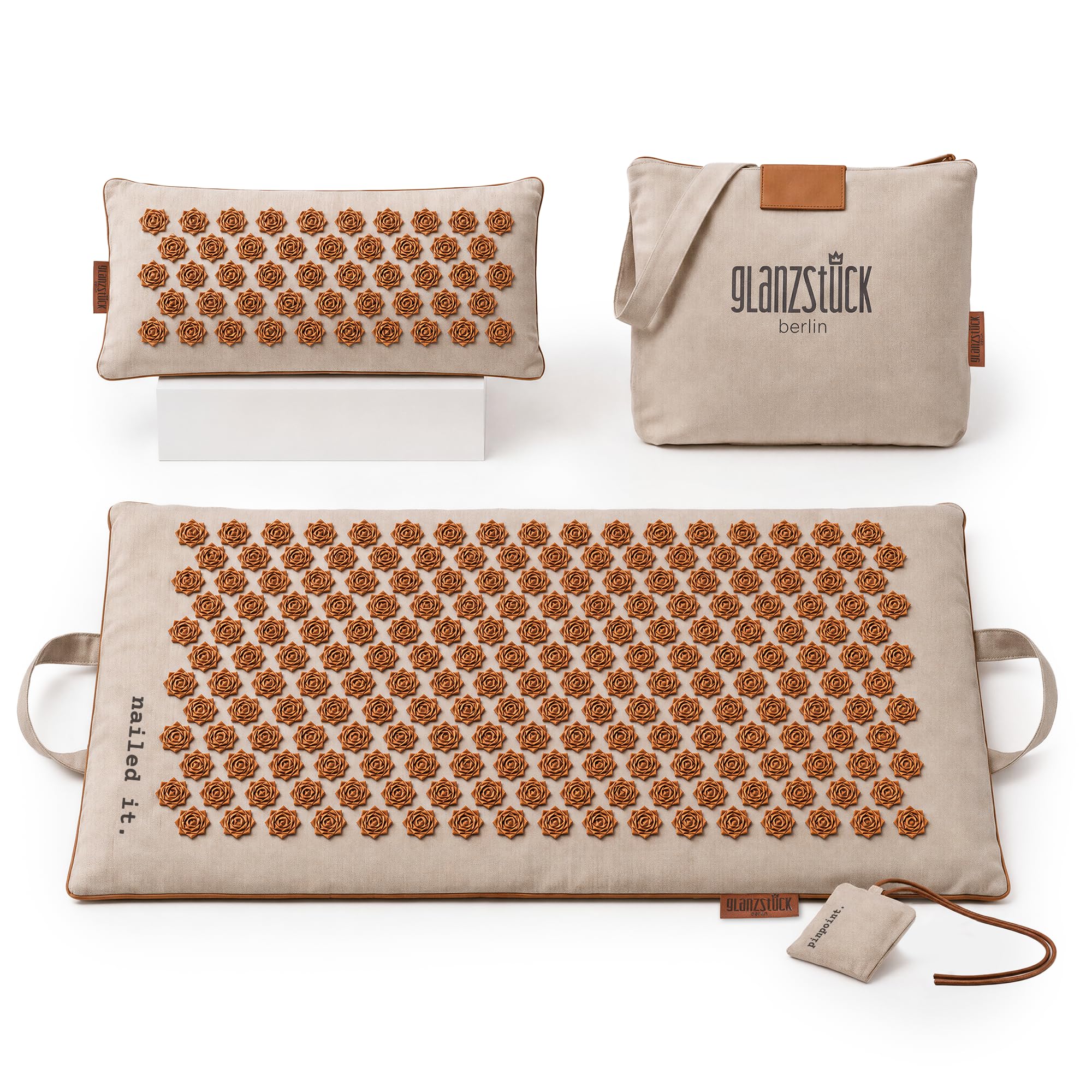 Glanzstück Berlin® Esterilla de acupresión XL Premium de lino, perfecta para principiantes, ayuda con la tensión, dolor de espalda, esterilla de masaje con cojín y bolsa, sostenible