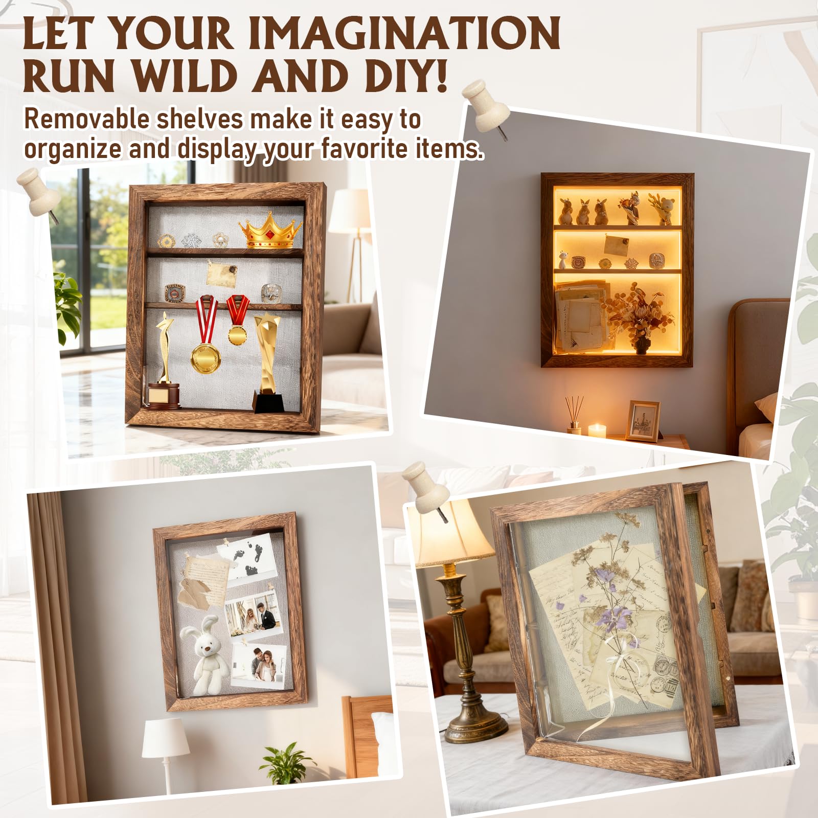 Shadow Box 14 x 11 brązowe ramki na zdjęcia z oświetleniem LED, pudełka na pamiątki z 4 wyjmowanymi półkami na drobiazgi, na rocznicę, ślub, dla absolwentów dziecka, pamiątka, zbieraj głęboki brąz