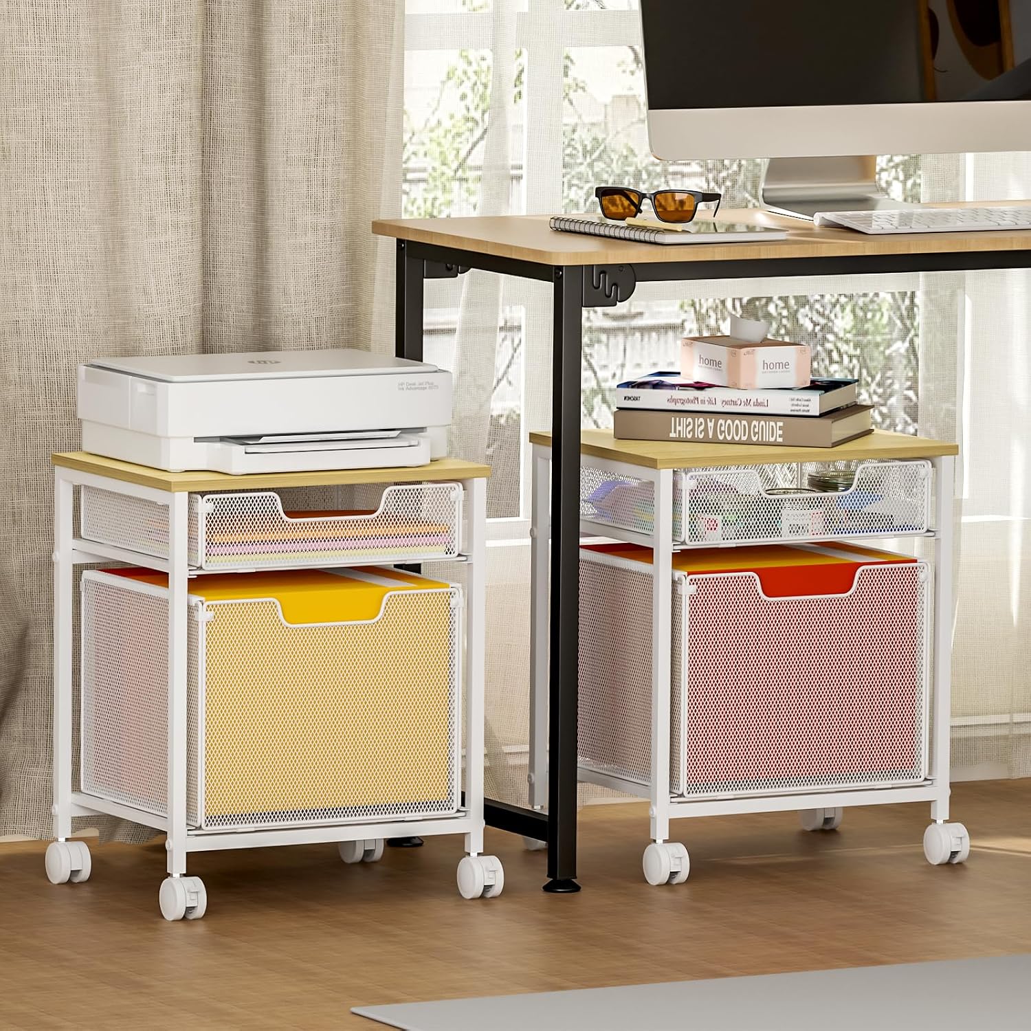 Tiaoheka Rolling File Cabinet Cart, Printer Stand with Storage Drawer, Mobile Filing Cabinet on Lockable Wheel, Hanging File Folder Organizer Beside Under Desk for Office Home, White (Patent Pending) image 2