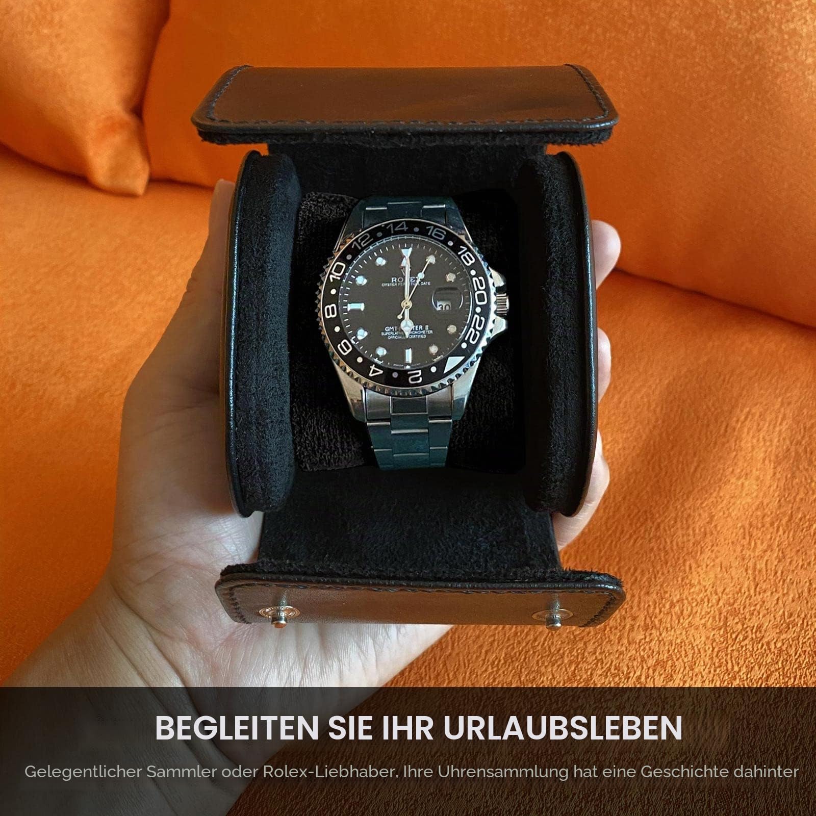 Uhrenrolle und Reiseetui, echtes Leder, individuelle Uhrenbox für Damen und Herren, Uhren-Organizer mit Wildlederschutz, sichere Aufbewahrung, Geschenkbox (Schwarz)