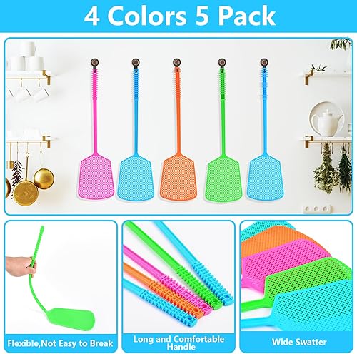 Miniatura 4 de Fly Swatter,5 Pack Plastic Heavy Duty Manual Fly Killer, Long Handle Flyswatter, Large Bug Swatters That Work for Indoor and Outdoor