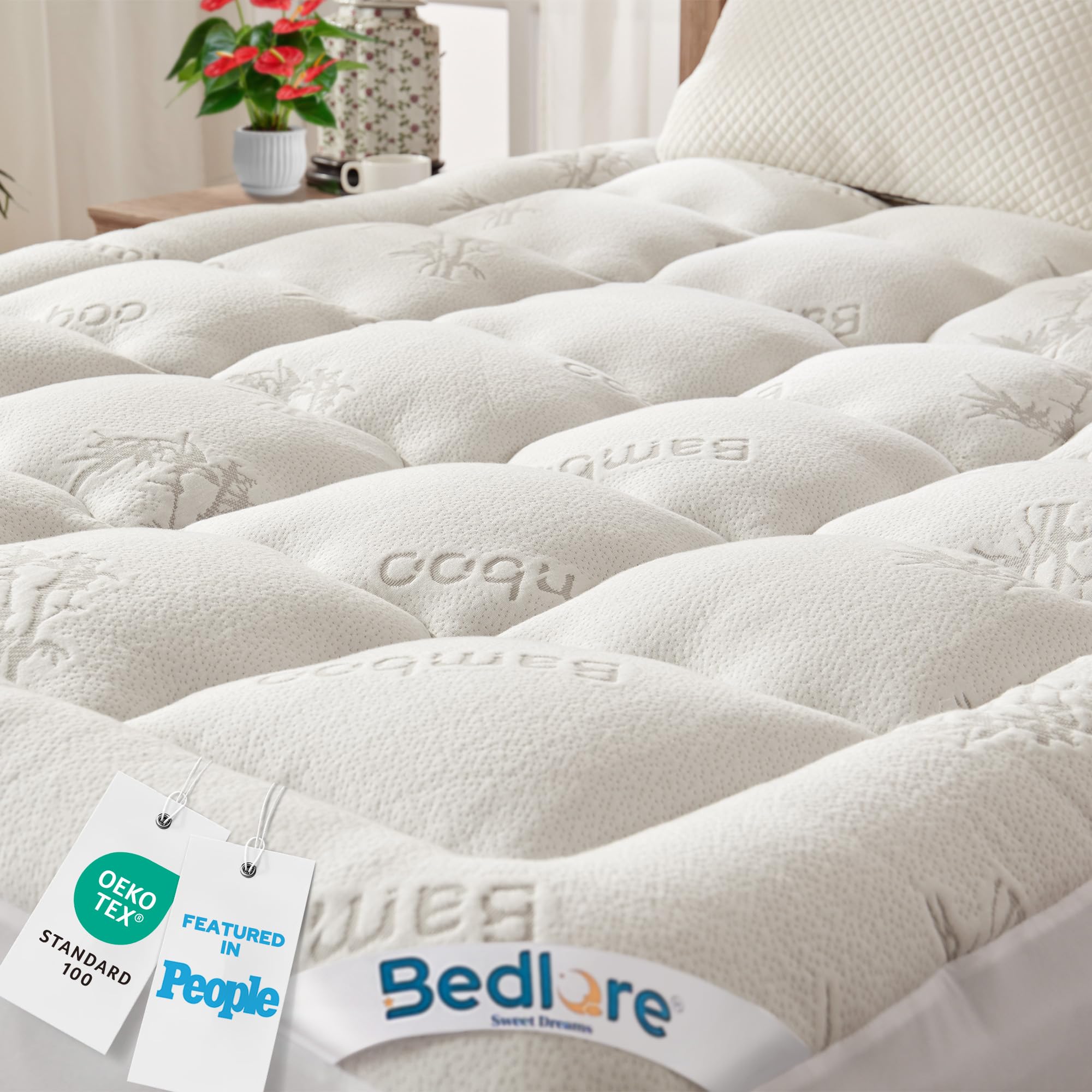 BEDLORE Surmatelas 160x200 cm Matelassé, sur Matelas 2 Personnes Rafraichissant en Viscose de Bambou Respirant, Grand Bonnet Extensible Jusqu’à 40 cm, Certifié Oeko-Tex, Blanc