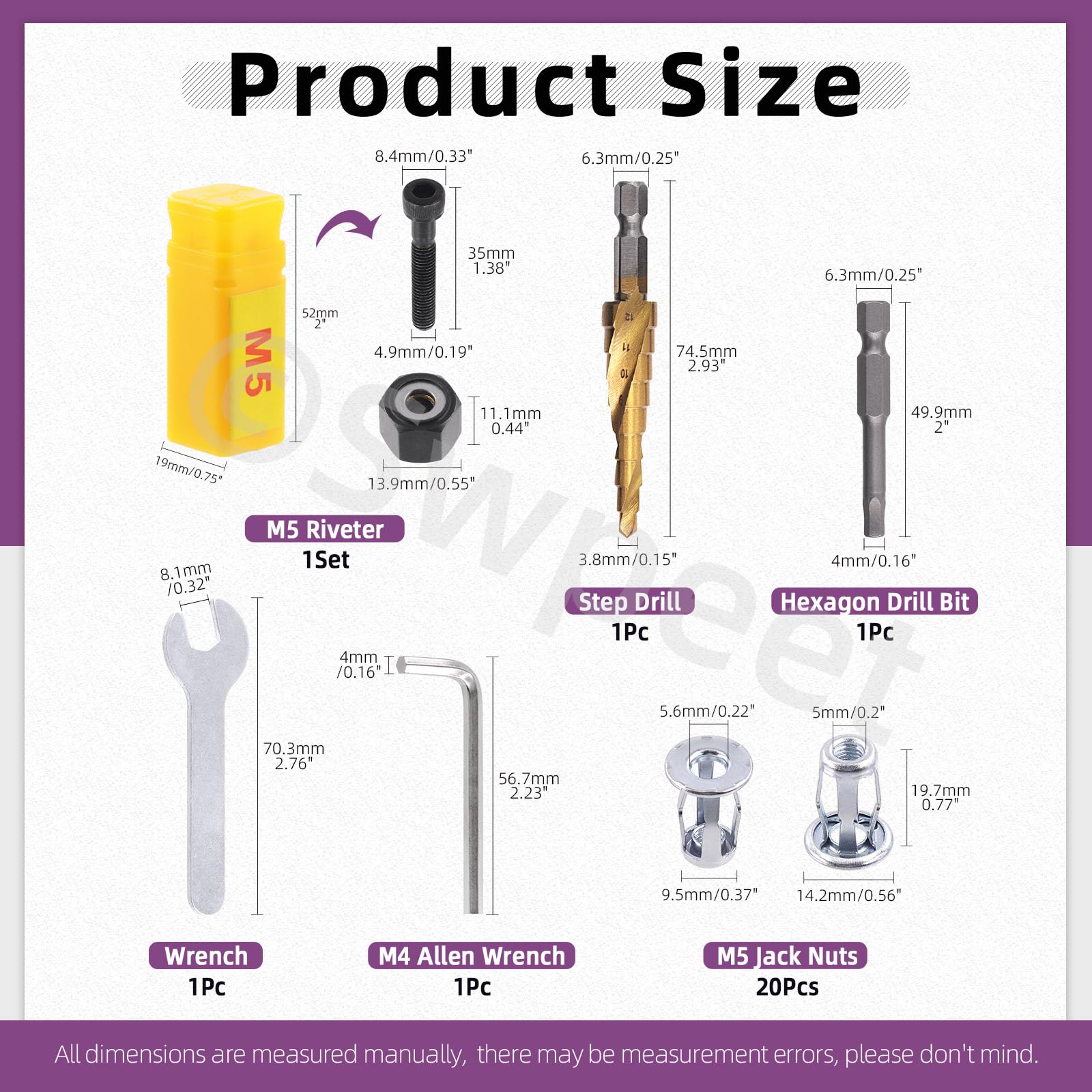 Swpeet 25 tuercas M5 Jack y tuercas de remache de mano M5, mandril con herramienta de instalación, kit surtido, tuercas de flores, tuercas de jacknut, tornillos Phillips Insert Bit hexagonal vástago