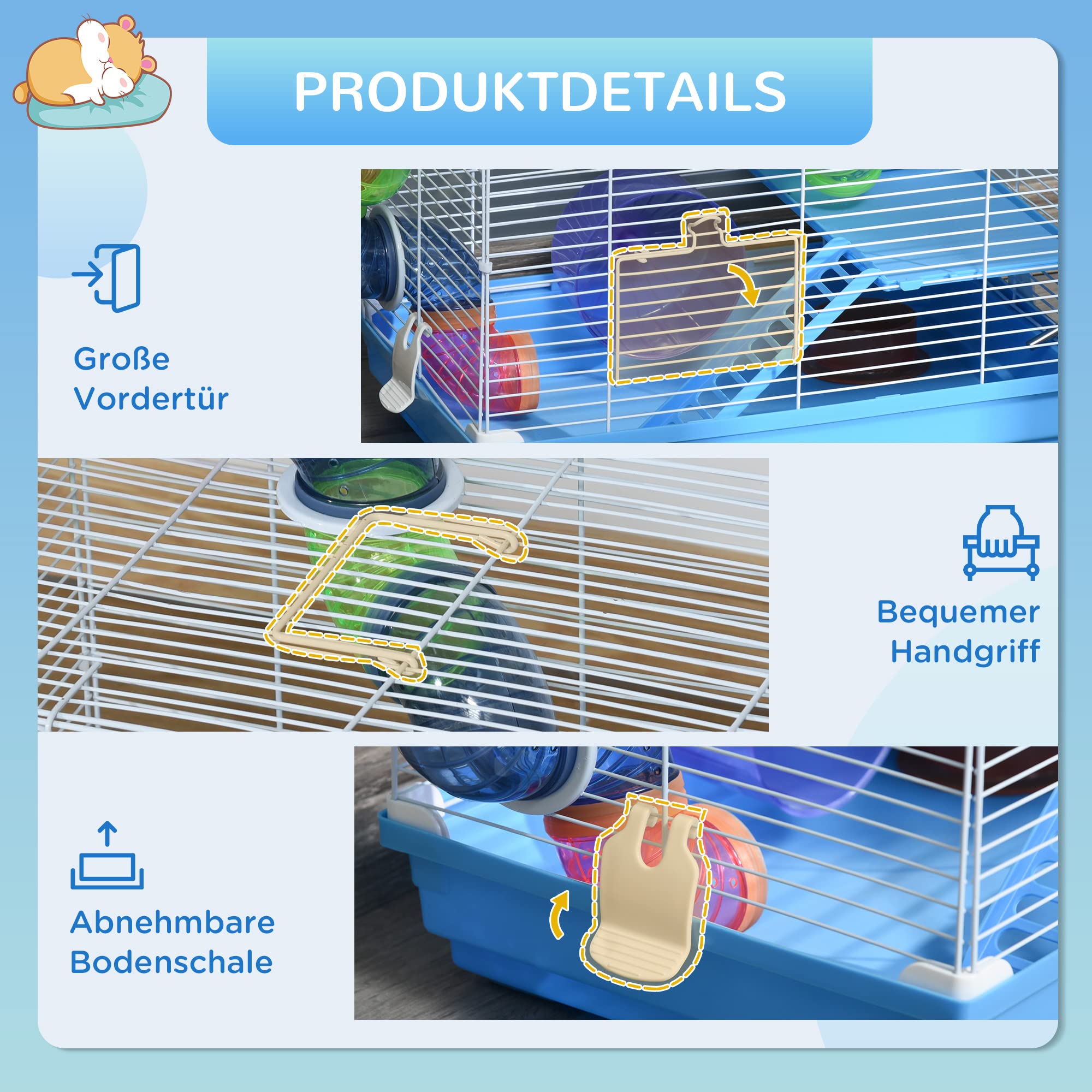 PawHut Kleintierkäfig Nagerkäfig mit Laufrad 2-Ebenen Kleintierstall Käfig Kleintier Futternapf Trinkflasche abnehmbare Bodenwanne Kunststoff Blau+Weiß 46 x 30 x 37 cm
