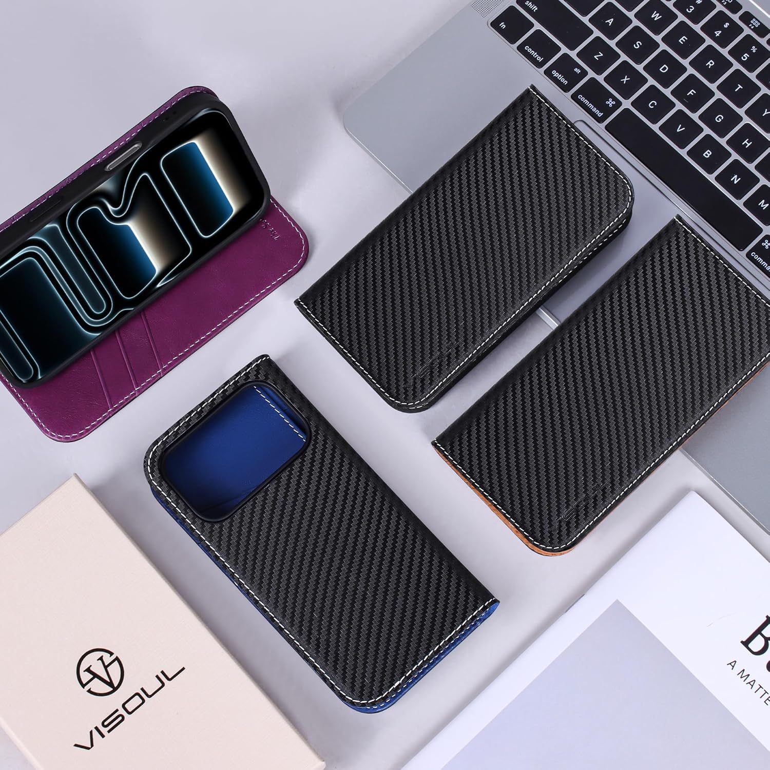 VISOUL Wallet Case for iPhone 17 Pro, Carbon Fiber Leather Wallet Magnetic Cover with RFID Blocking Card Holder Kickstand Flip Folio Case Compatible with iPhone 17 Pro (6.3-inch)-Black+Red