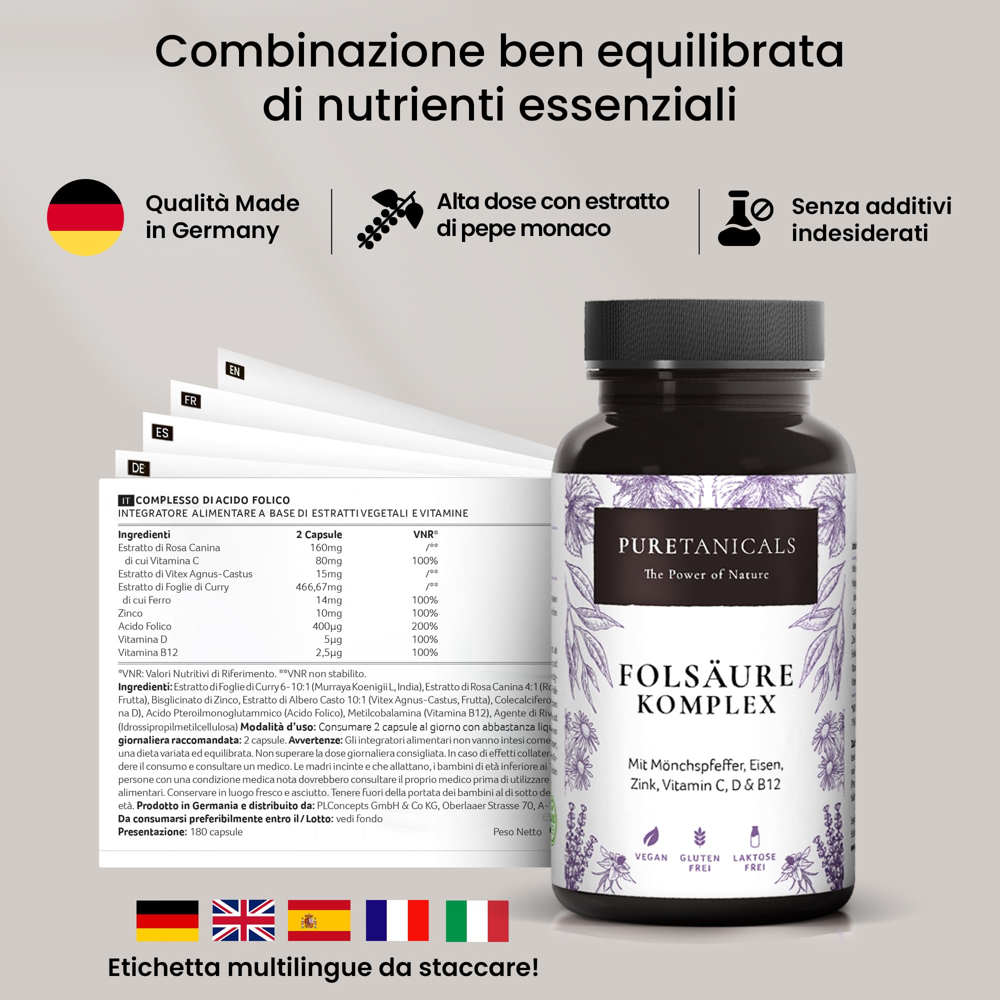 Acido Folico + Zinco Ferro C-D-B12 Complex, Alto Dosaggio Multi Vitaminico | Vitamine e Minerali Naturali Capsule | Testato in Laboratorio e Prodotto in Germania