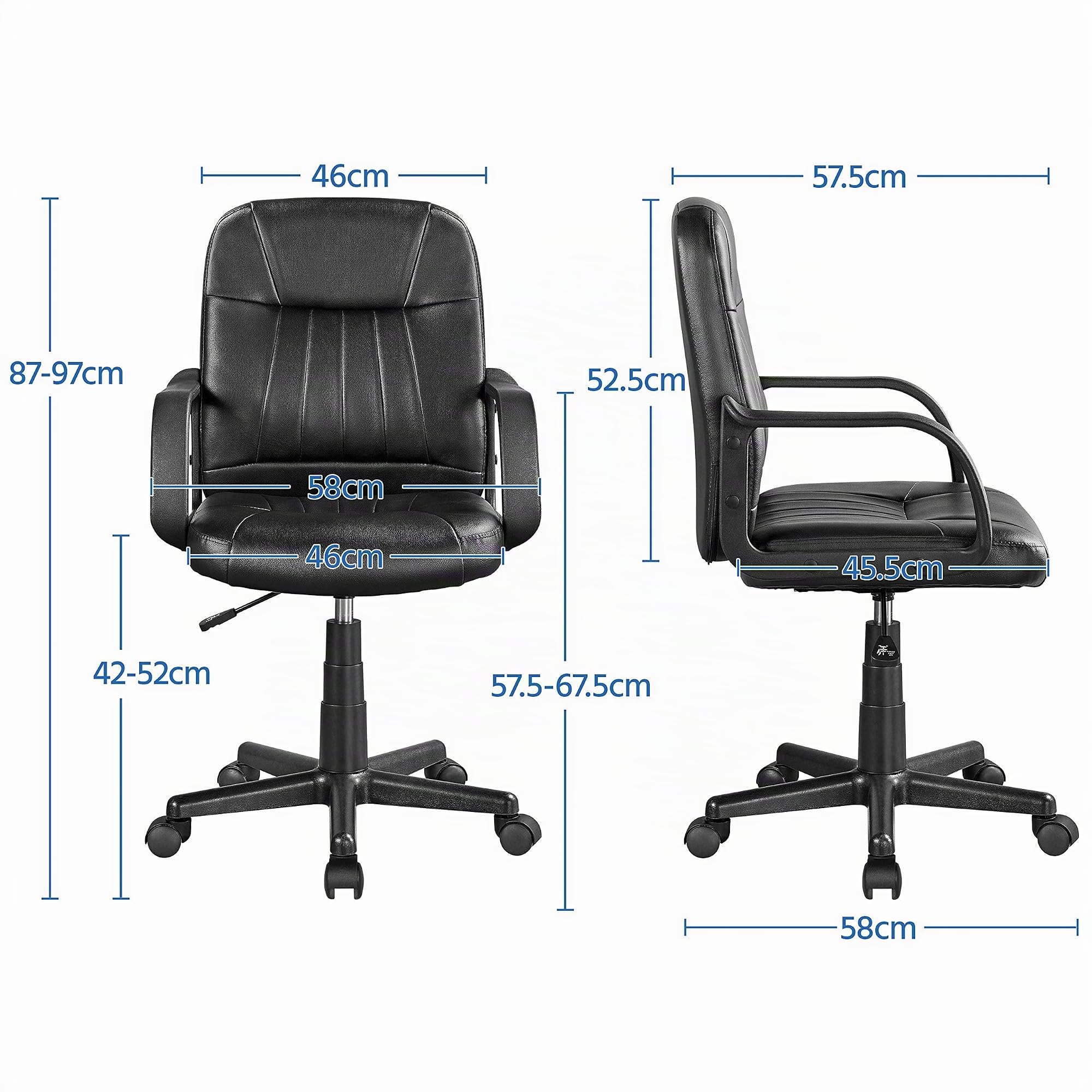 Yaheetech Sedia/Poltroncina da Ufficio Scrivania Girevole a Rotelle Ergonomica in Ecopelle Imbottita Altezza Regolabile con Braccioli Portata 123 kg Nera