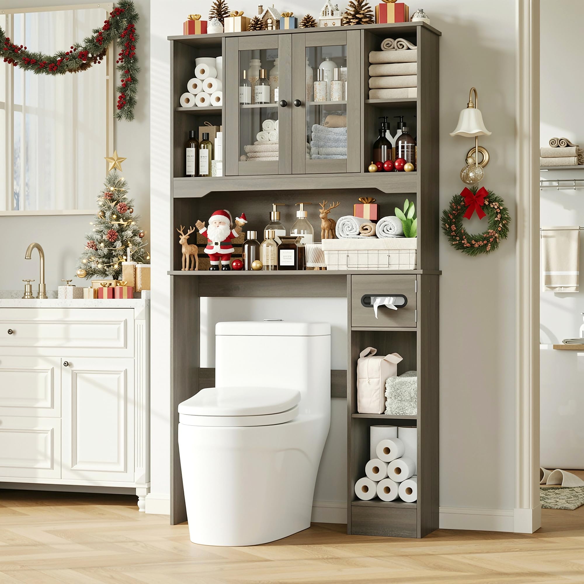 FACBOTALL Over The Toilet Storage Cabinet, Over Toilet Bathroom Organizer with 2 Glass Doors & Paper Holder, Bathroom Shelves Over Toilet with