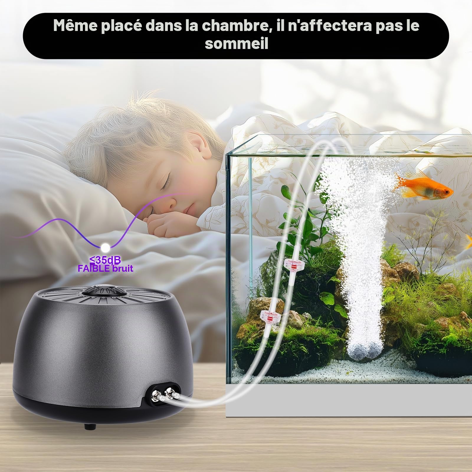 hygger Pompe à Air Aquarium Réglable, Bulleur Ultra-silencieuse <35 DB Pompe à Oxygène pour Aquari avec 2 Sorties avec Accessoires pour Réservoir