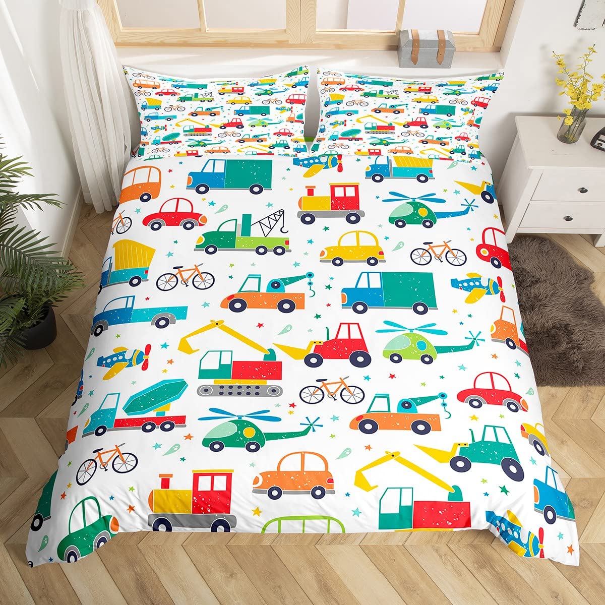 Housse de couette enfants dessin animé voitures literie lit garçon engins de chantier