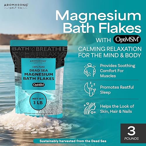 Miniatura 2 de Aromasong Copos de magnesio RAW + OptiMSM para remojar paquete resellable de 3 libras, sales de baño orgánicas relajantes musculares, copos