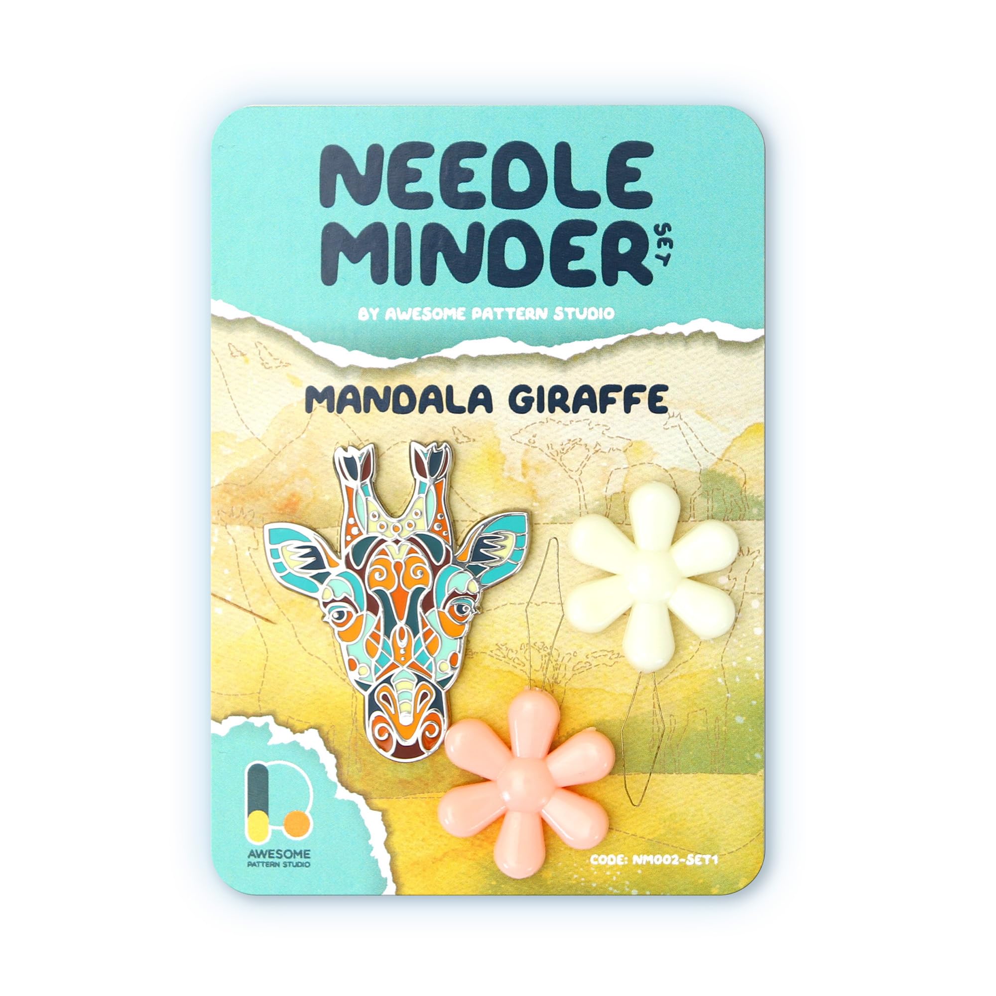 Awesome Pattern StudioNeedle Minder Set – Mandala Giraffe Magnetic Needle Minder + 2 Needle Threaders. Enamel Pin for Cross Stitch, Embroidery and Craft