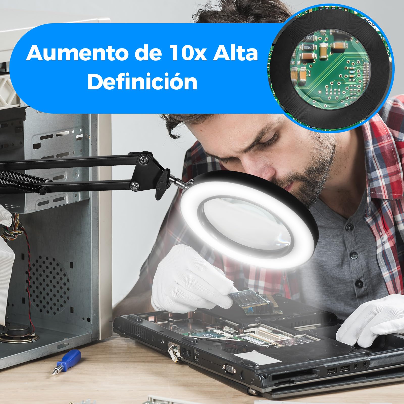 Lupa con Luz y Soporte, Lupa LED de 10 Aumentos con Clip | Lámpara de Aumento, 3 Modos de Color y Lupa LED Regulable, Ideal para Reparaciones de Bricolaje y Primeros Planos