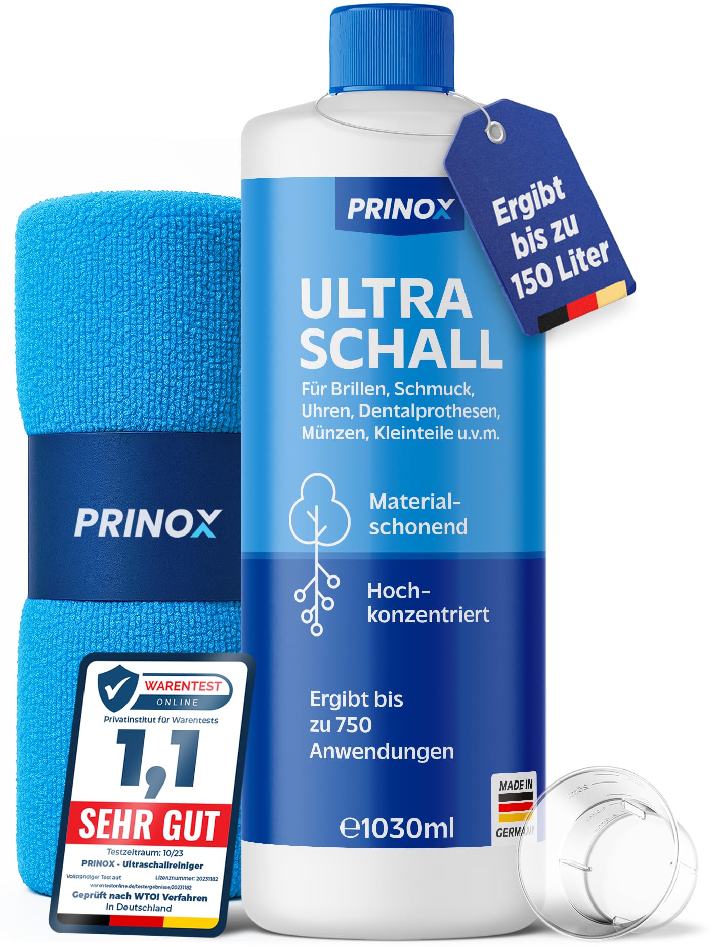 PRINOX Ultraschallreiniger Konzentrat 1030ml - Extrem ergiebig - Für Brille, Schmuck, Gebiss & Kleinteile - Für Ultraschallgeräte, Ultraschallbad