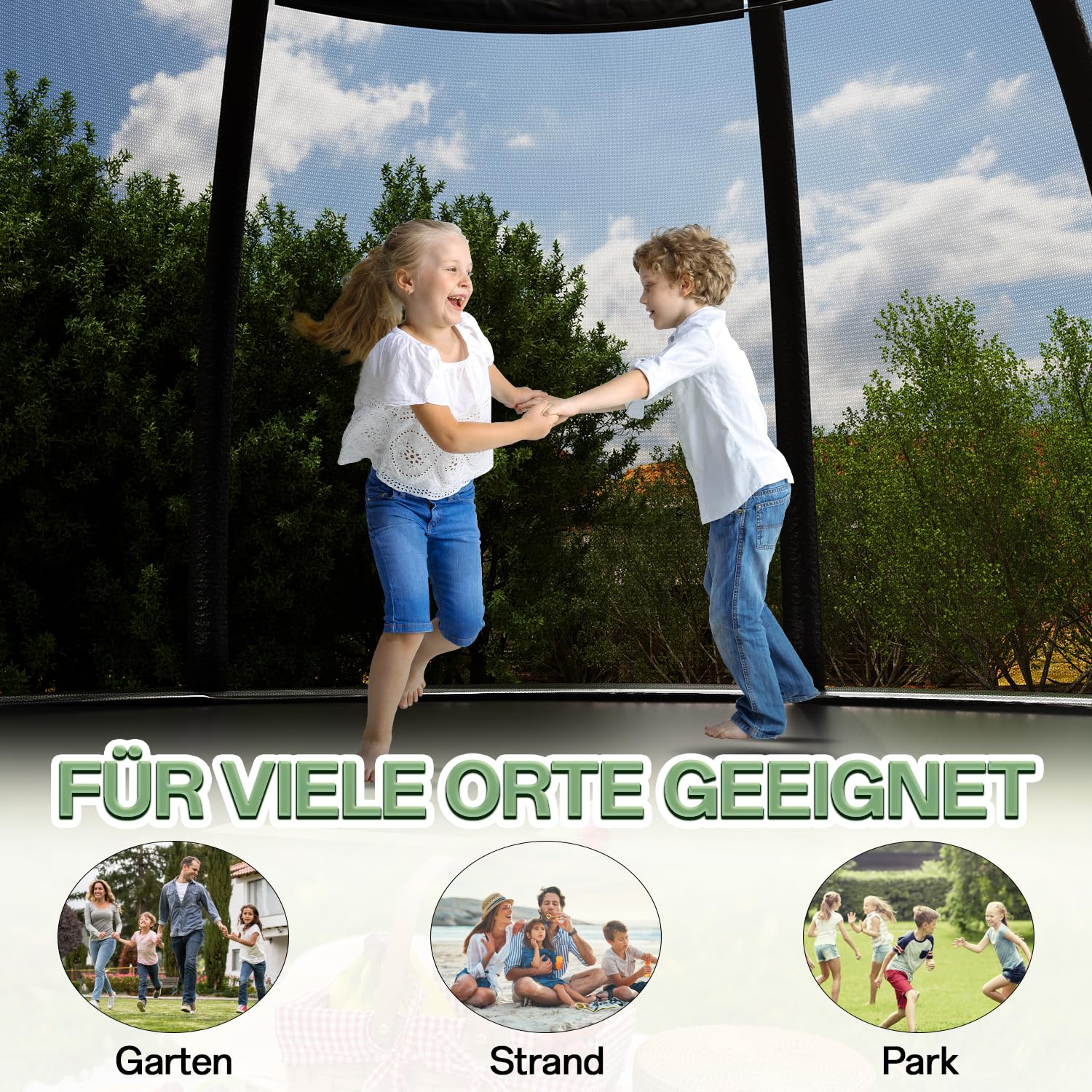 Flamaker Trampolin Outdoor Ø 228/305/366/427cm mit Zweilagiger Schutznetzpfosten, Stabile Rahmenkonstruktion, Wetterfest und rostfrei, Gartentrampolin für Kinder & Erwachsene Belastbarkeit 150kg
