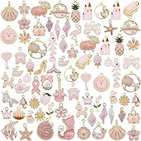 40pcs Pink Enamel Charms Assorted Animals Fruits Stars Moon Flowers Gold Tone Dangle Pendants for DIY Jewelry Necklace Bracelet Making
