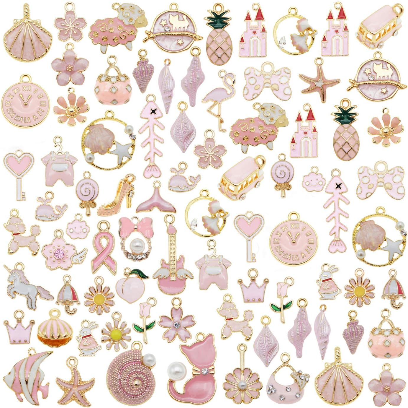 40pcs(20PAIRS) Assorted Gold Tone Enamel Animals Fruit Moon Star Dainty Dangle Flowers Pendants Charms for Jewelry Making Necklace Bracelet, Pink Theme