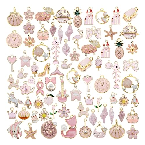 JJGQAZ 40pcs(20PAIRS) Assorted Gold Tone Enamel Animals Fruit Moon Star Dainty Dangle Flowers Pendants Charms for Jewelry Making Necklace Bracelet, Pink Theme