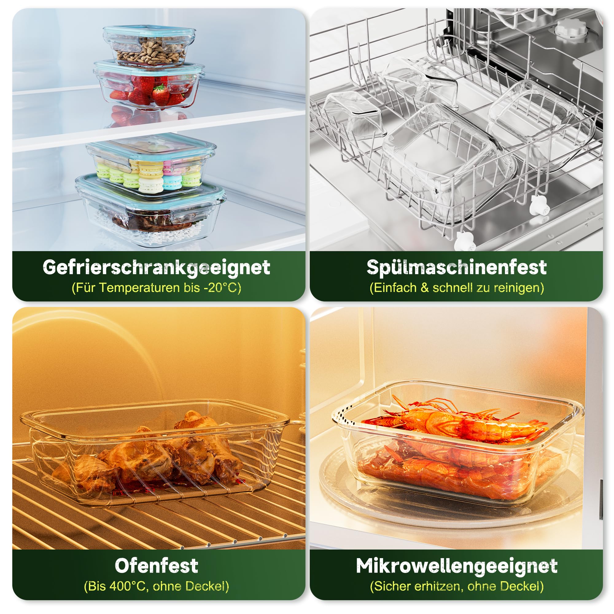 Glasbehälter mit Deckel 4er Set | Borosilikatglas Frischhaltedosen Luftdicht & Auslaufsicher | Vorratsdosen für Kühlschrank, Gefrierschrank & Mikrowelle | 1040ml, 640ml, 370ml, 180ml