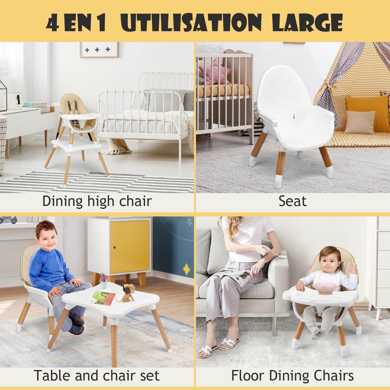 LIFEZEAL Tronas 2 en 1 de bebés, silla de comer, asiento elevador con con cinturón de seguridad y bandeja extraíble, trona transformable en mesa y silla, apto de 6 meses a 3 años (Caqui)