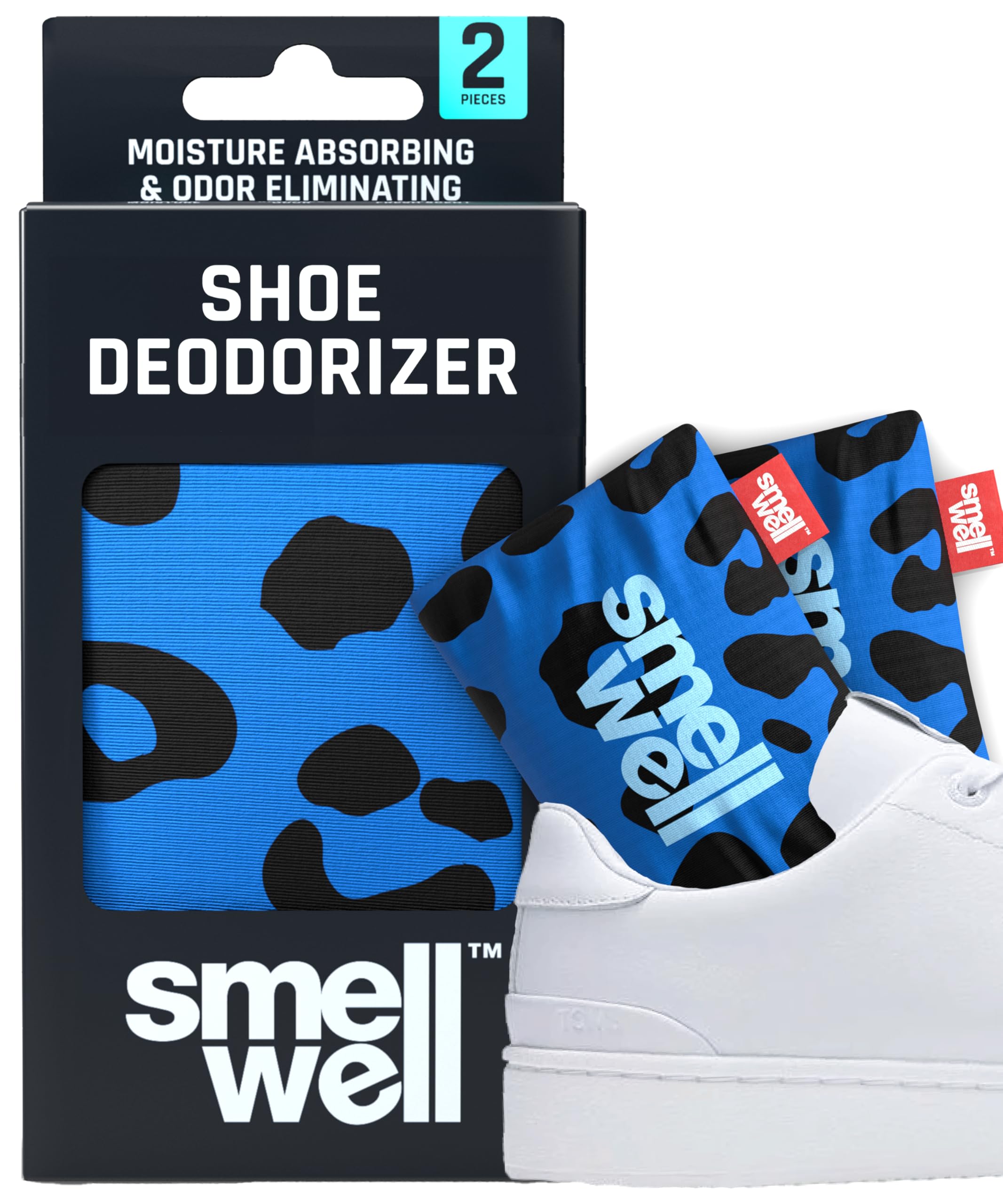 SmellWell Active - Eliminador de olores para zapatos, carbón activo de bambú, absorbe la humedad para zapatos, bolsas y contra el sudor de pies, olores molestos - leopardo azul, 1 par, 2 x 50 g