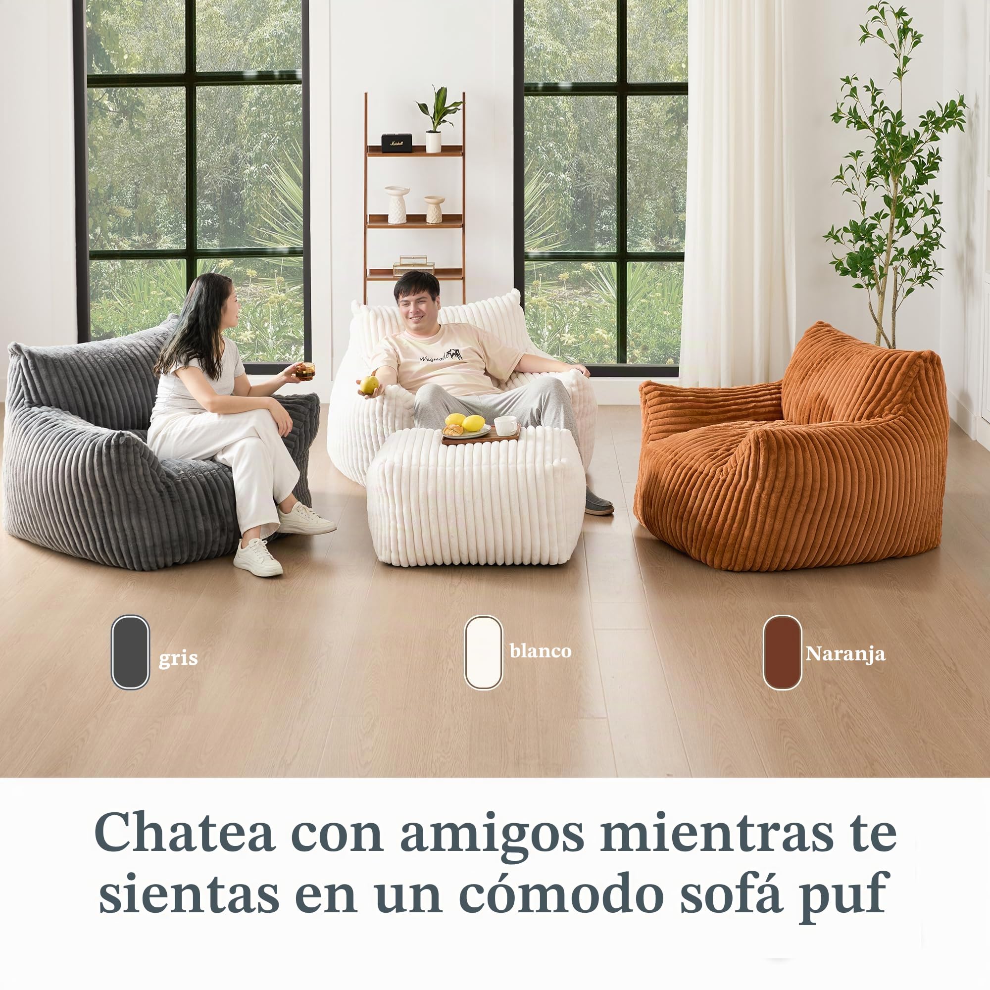 Puf gigante de felpa para adultos con reposabrazos, cómodo puf beige de gran tamaño para sala de estar, dormitorio y dormitorio, mini sofá acogedor y esponjoso de nube individual