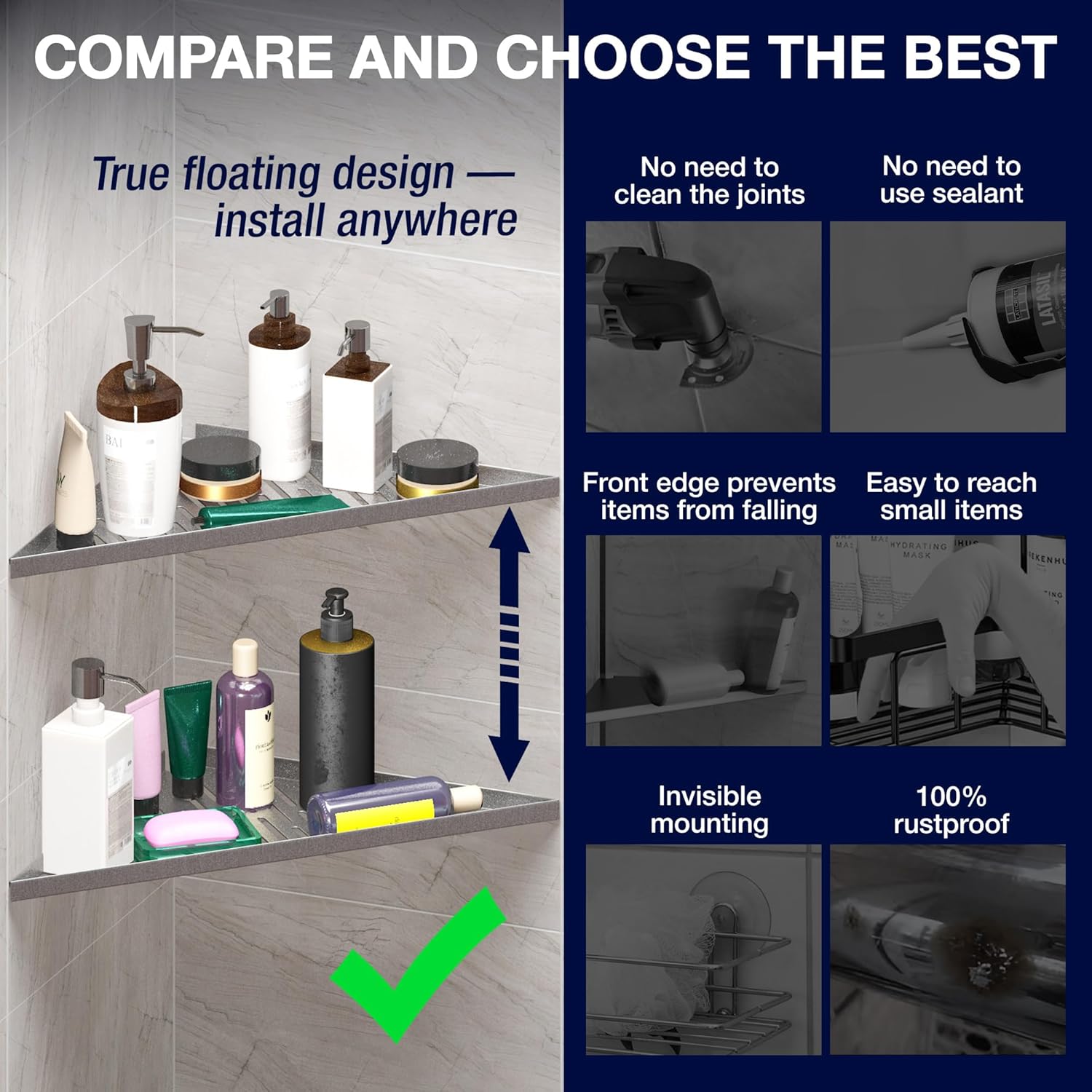 Corner Caddy Bathroom Shower Shelf - Adhesive / Drill / No Drill Shelves - 16" Strong Corner Silver Floating Shower Shelves - Triangle Shelf Bathroom Shower for Inside Shower, Tiled Wall, Caddies