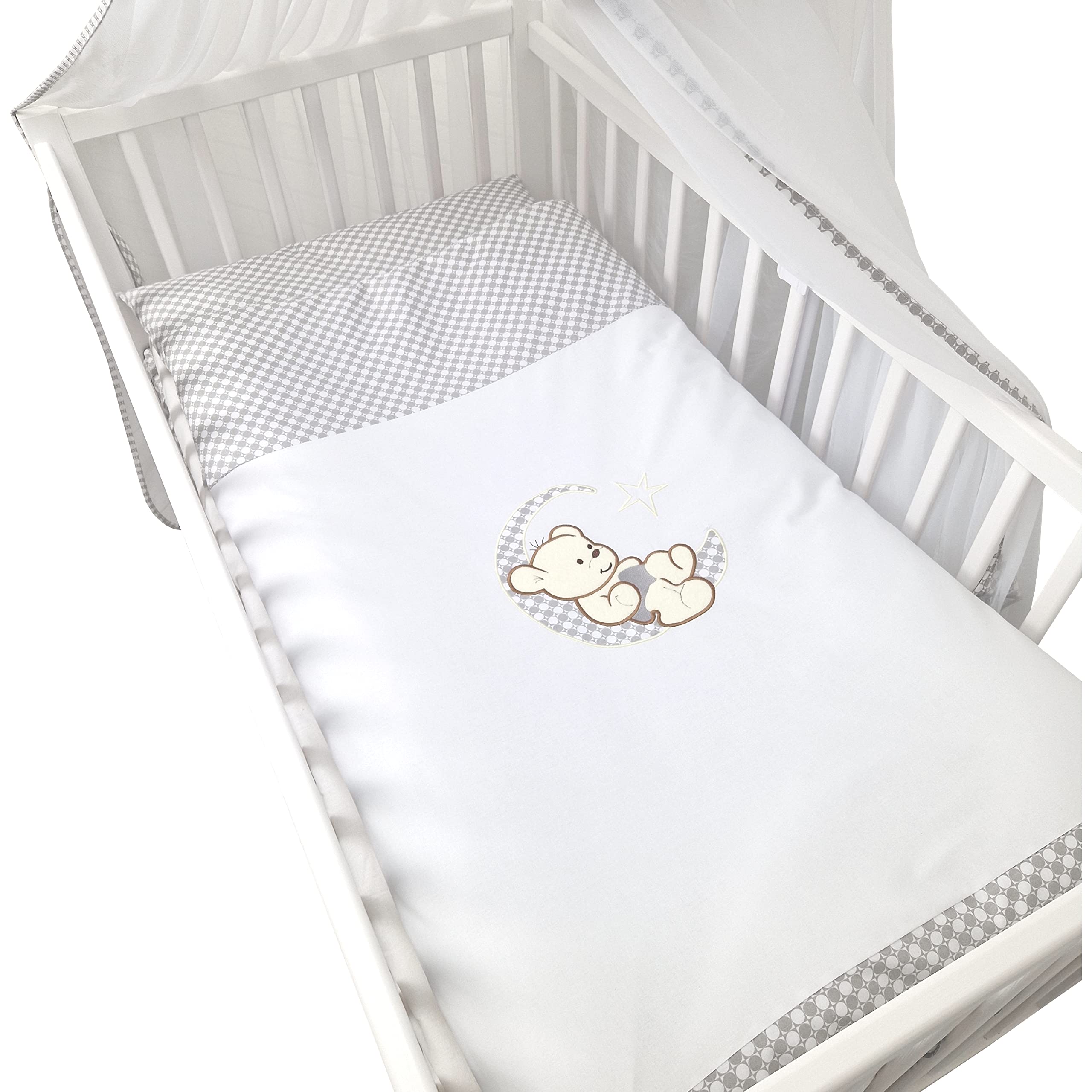 Complet Bello24 - 13 Pièces Lit Bébé Lit Et Linge De Lit Ensemble Complet Happy Leo INCL. Matelas Réglable En Hauteur Pour Nouveau-nés Bébés Et Bambins Brodés (Ourson Lune Beige Foncé Lit