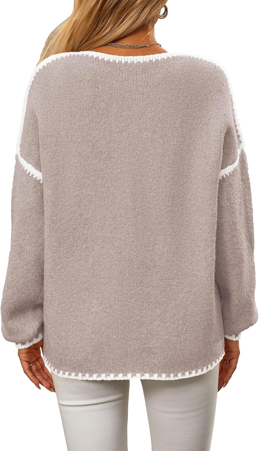 KIRUNDO Womens Sweaters 2026 Fall Oversized Long Sleeve Chunky Knit Crew Neck Contrast Stitching Pullover Winter Clothes - Image 2