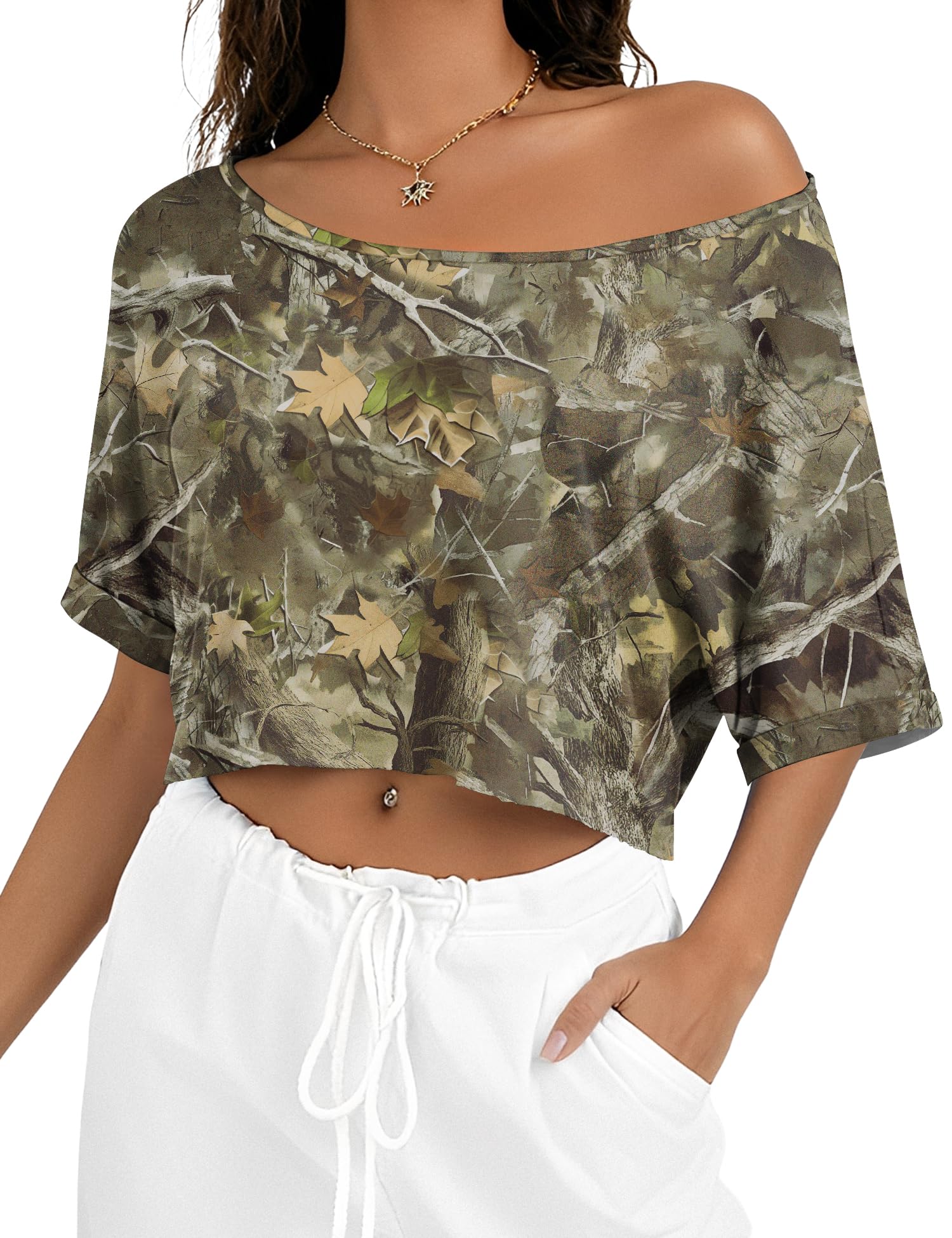 Kistore Off The Shoulder Tops for Women Going Out Short Sleeve Crop Top Boat Neck Loose T Shirt
