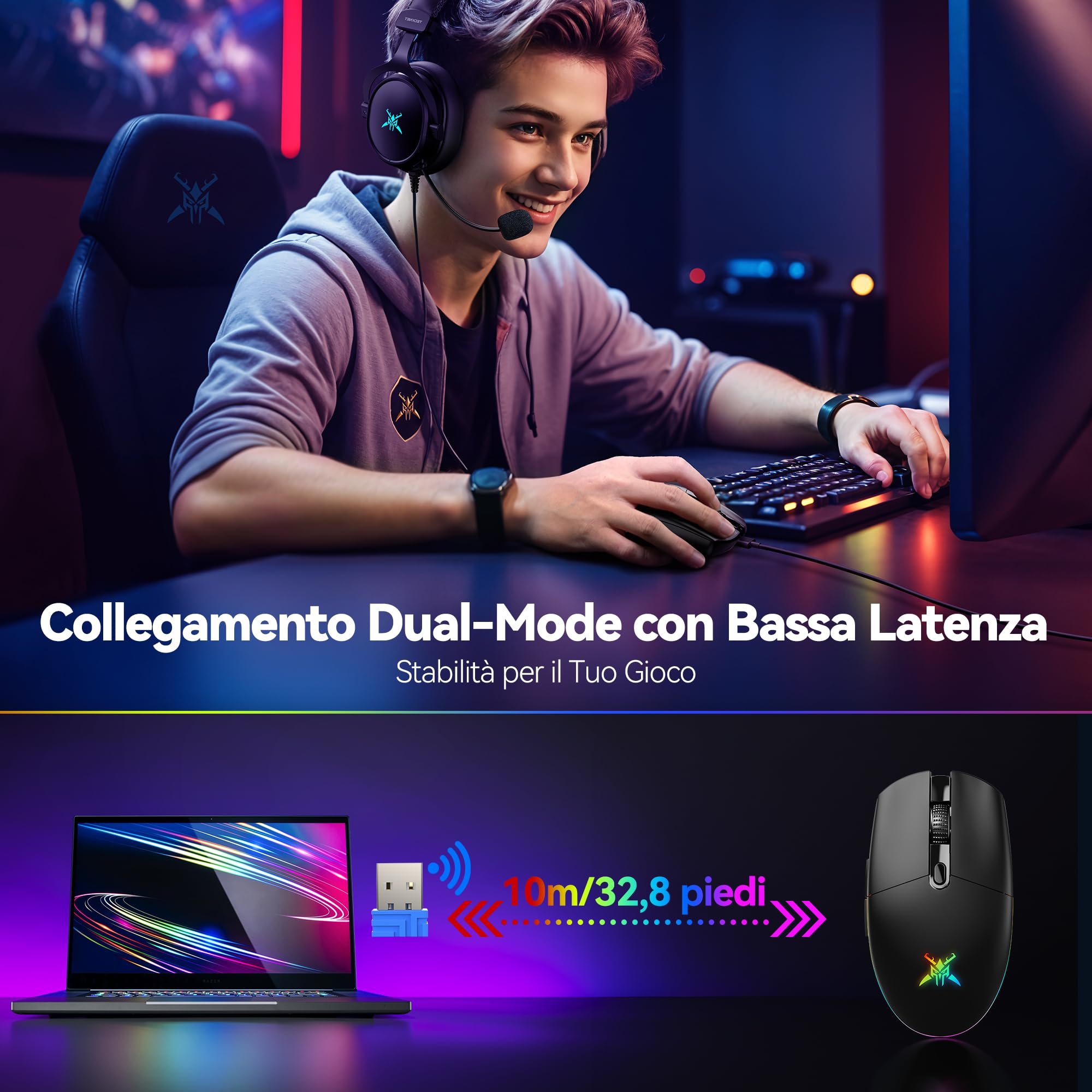 TECKNET Mouse Gaming Wireless, 8000DPI Gaming Mouse Wireless Ricaricabile, Doppia Modalità a 2.4G e Cablato, 6 Modalità RGB, Gaming Mouse Pc con Pulsanti Programmabili per Window XP/11/10/8/7, Nero