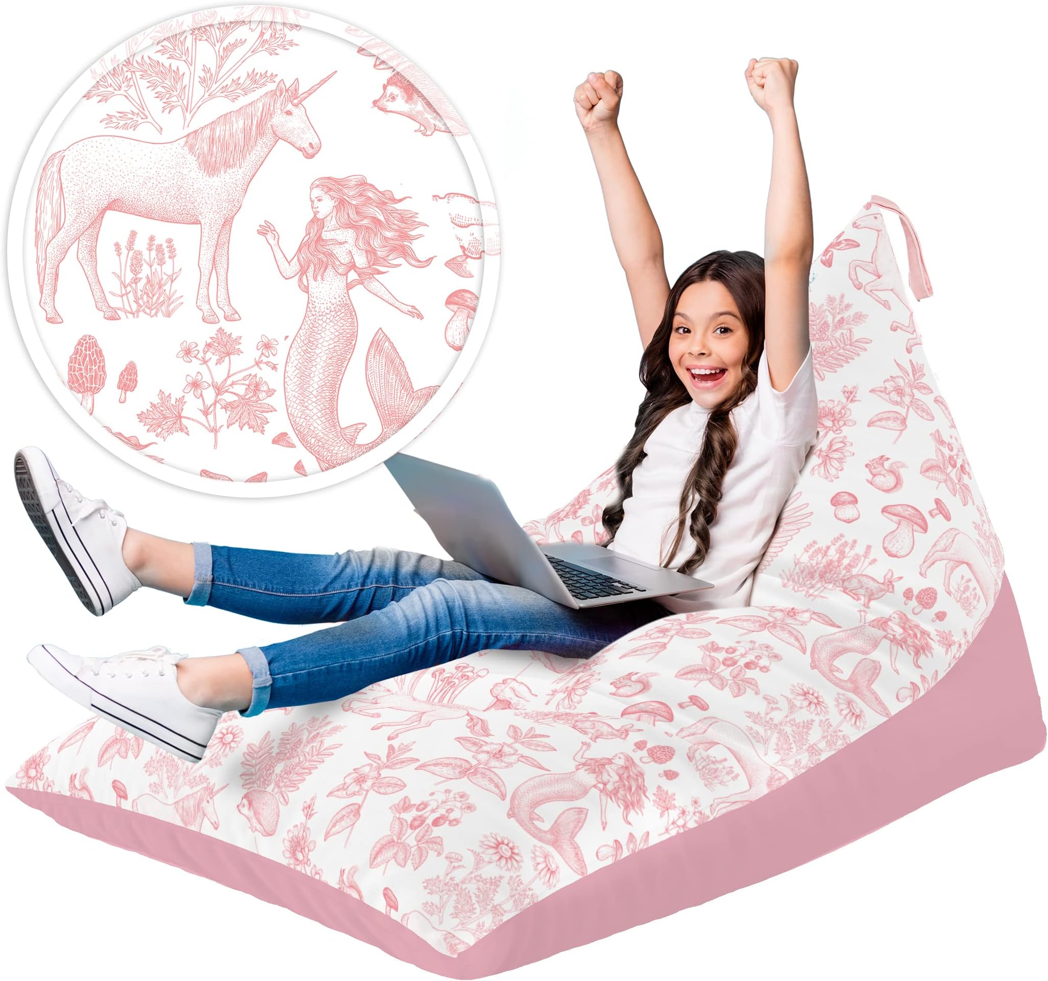 Huddle Original Cover for Stuffed Animal Bean Bag Storage (No Filler) XL Designer Beanbag Chair for Kids & Adults | Instant Clutter Clear for Stylish Moms - 100% Cotton Canvas Chair Pink Unicorn
