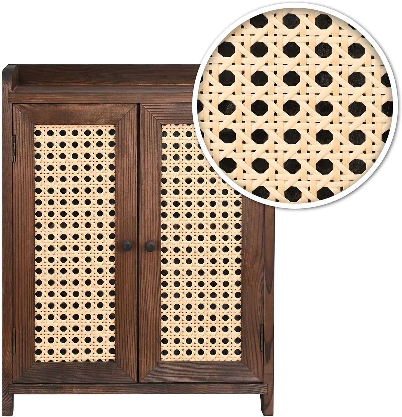 Ikee Design Wooden Countertop Storage Cabinet with Magnetic Rattan Doors, Kitchen Pantry Cabinet with Removable Shelves, Coffee, Snack, Cup Organizer, Dark Brown Color, 12.1W x 6.1D x 15.7H in