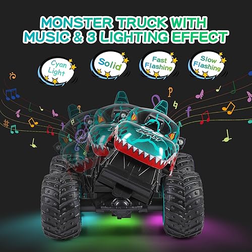 Miniatura 5 de DYODYORC Auto a control remoto, juguete de camión monstruo de dinosaurio todo terreno de 2.4 GHz, camión RC con música, 3 efectos de iluminación,