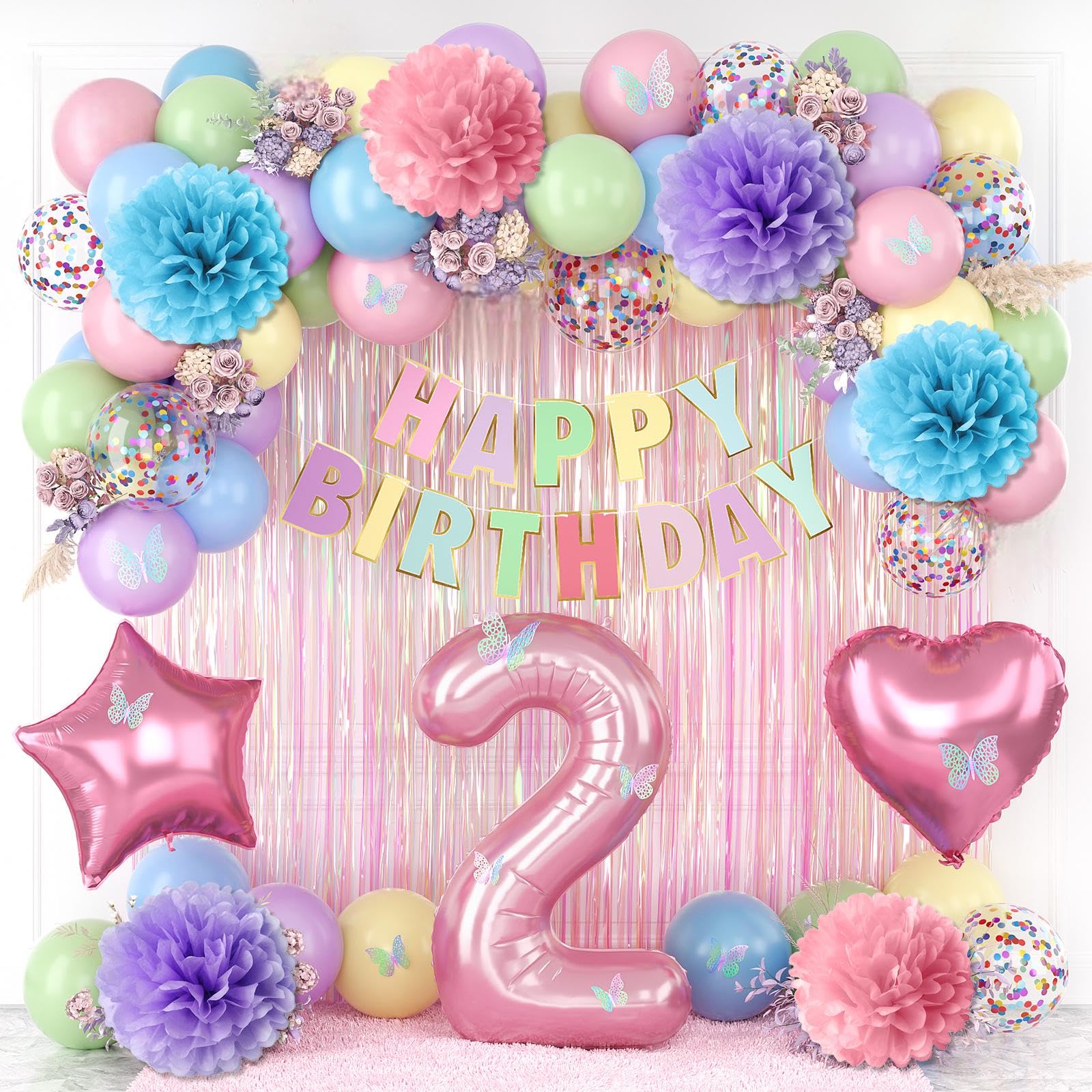 Pastel 2nd Birthday Colorful Party Decorations Girls Pink Number 2 Balloon