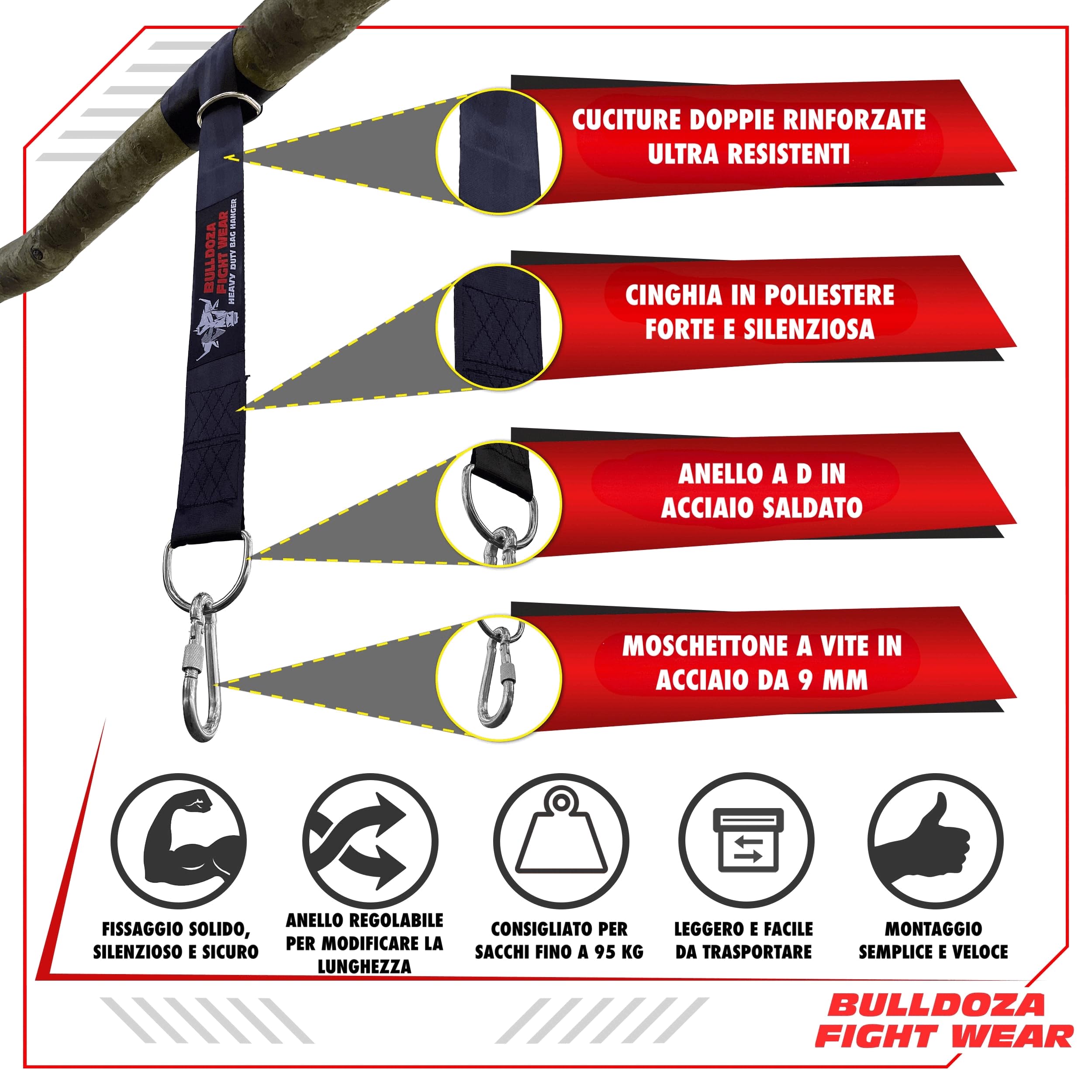 Bull Doza Fight Wear Cinghia per Sacco da Boxe – Silenziosa, Robusta, Antiscivolo – Disponibile in 3 Misure